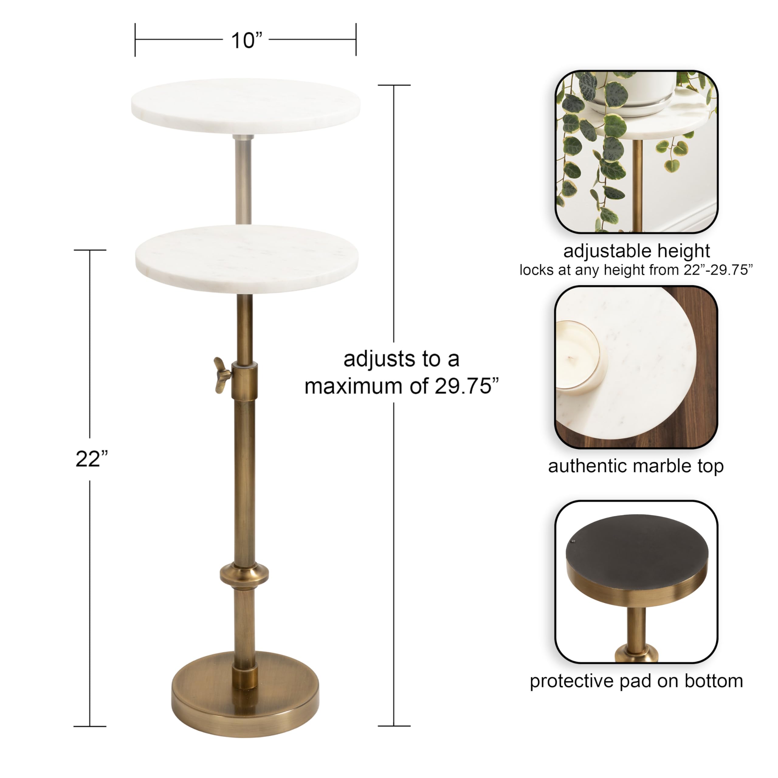 Kate and Laurel Engles Traditional Adjustable-Height Pedestal Drink Table, 10 x 10 x 30, White Marble and Antique Brass, Vintage Round Indoor Metal Plant Stand with Authentic Marble Tabletop