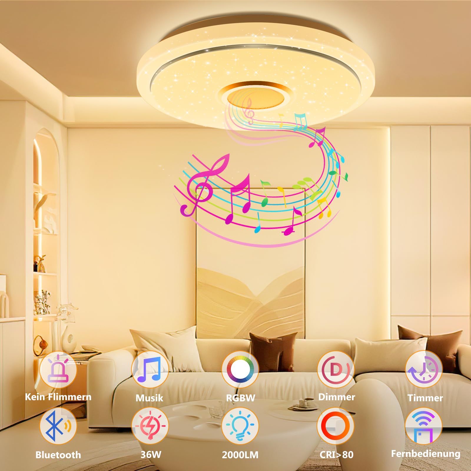 Plafoniera LED Dimmerabile,30CM Lampada da Soffitto RGB Rotonda 3000K-6500K con Telecomando e Altoparlante Bluetooth per Camera da Letto,Soggiorno,Bagno,Sala da Pranzo,Corridoio