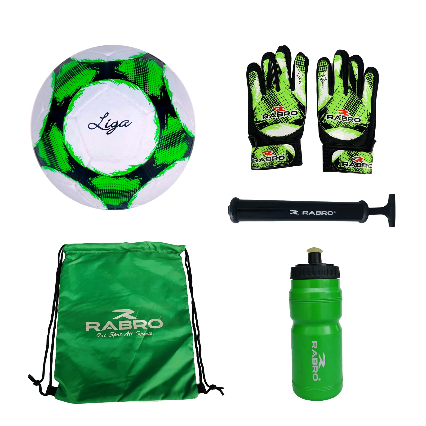 RABRO Football Set Combo with Synthetic Rubber Liga Green Football Size 5, Carry Bag, Shipper Bottle and Air Pump (Colour May Vary) (B0BGCNCBJZ) Amazon Price History, Amazon Price Tracker