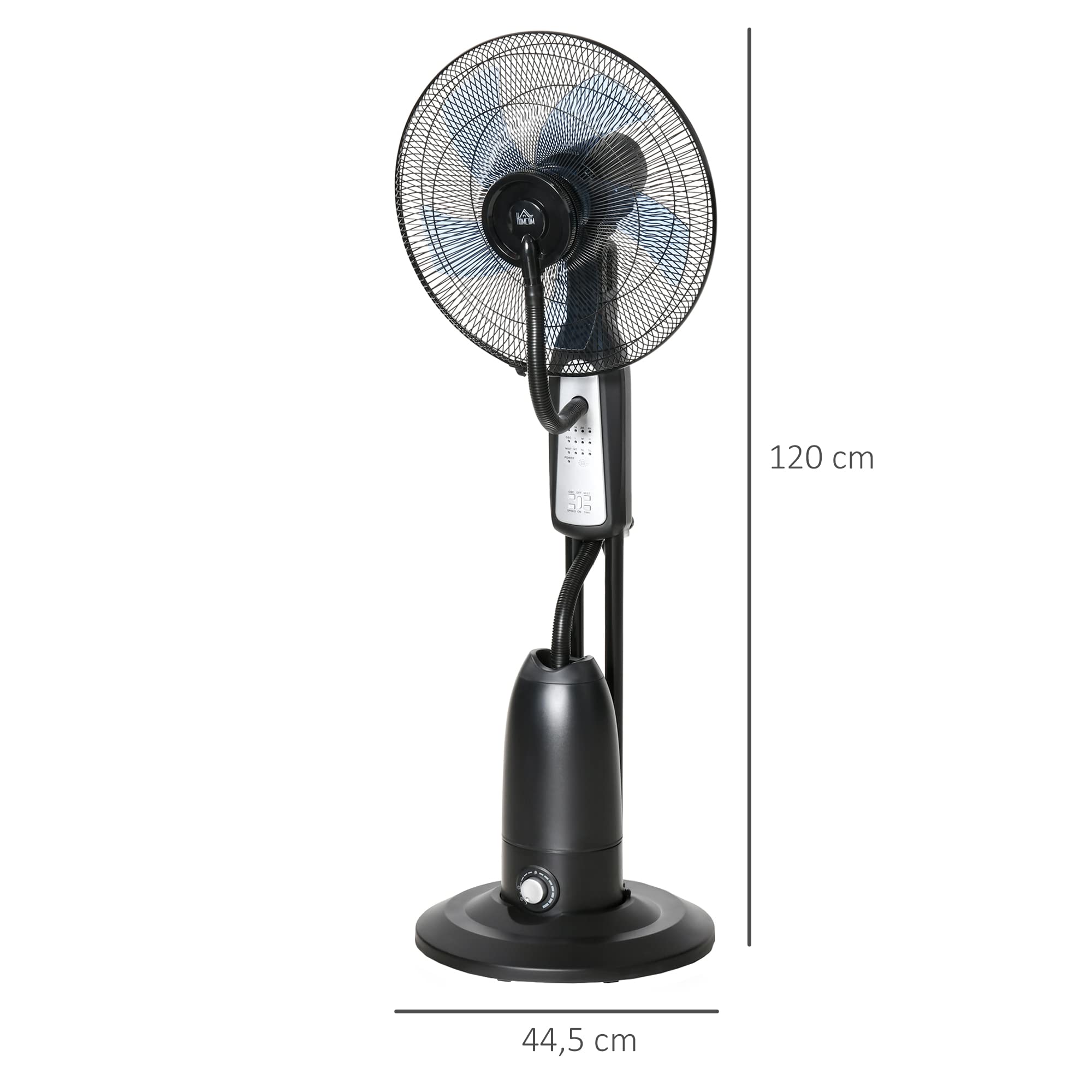 HOMCOM Ventilateur Brumisateur Silencieux 90W, Ventilateur sur Roulettes, 5 Pales Ø 44,5 cm, 3 Modes, 3 Vitesses, Brumisation, Télécommande, Minuterie, Oscillation à 70°, Tête Inclinable, Gris et Noir