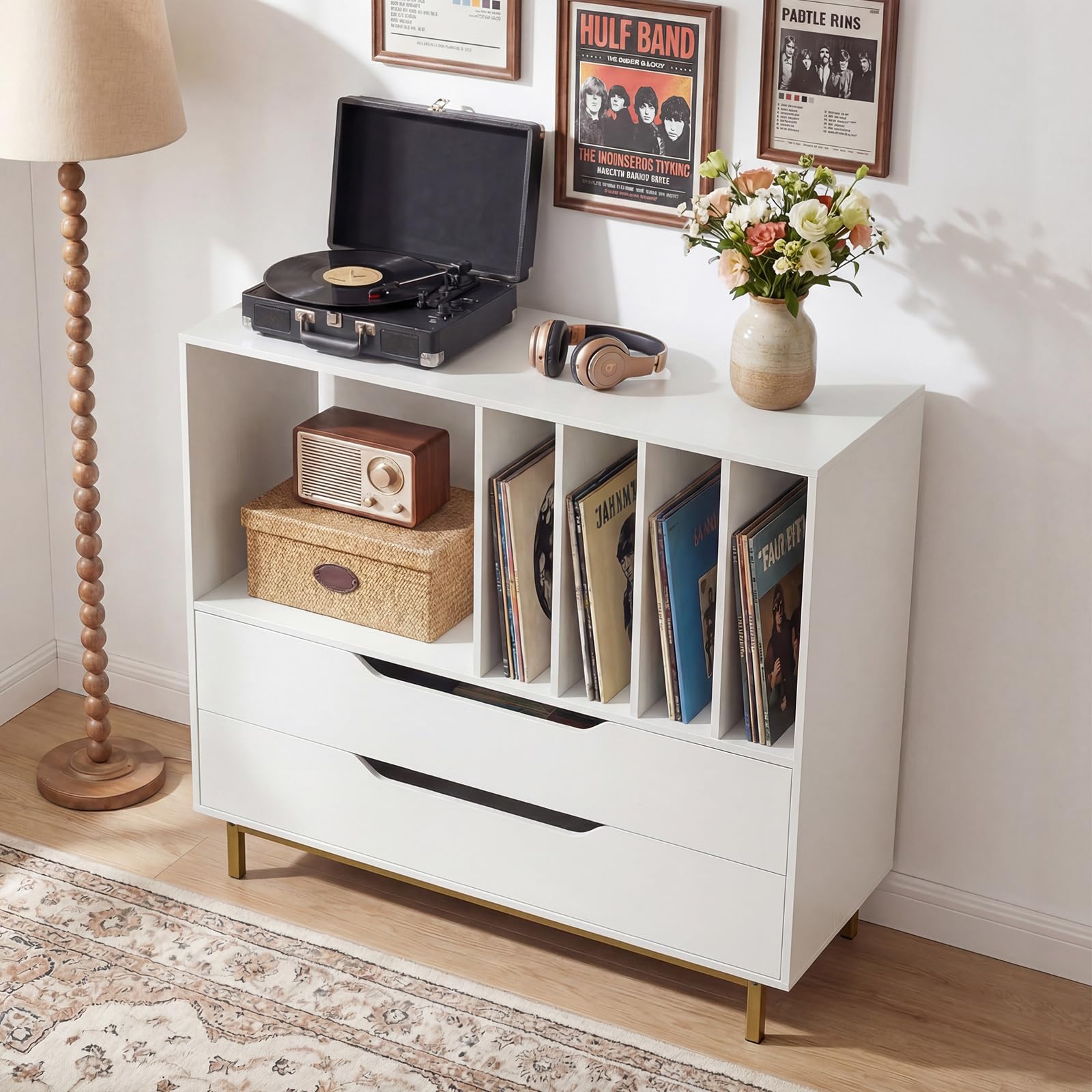 COSTWAY Plattenspielerständer, Mittelalter Plattenspielertisch mit offenem Fach, 4 Vinyl-Fächern & 2 Schubladen, Schallplattenschrank mit Vinylaufbewahrung für Wohnzimmer & Schlafzimmer (Weiß)