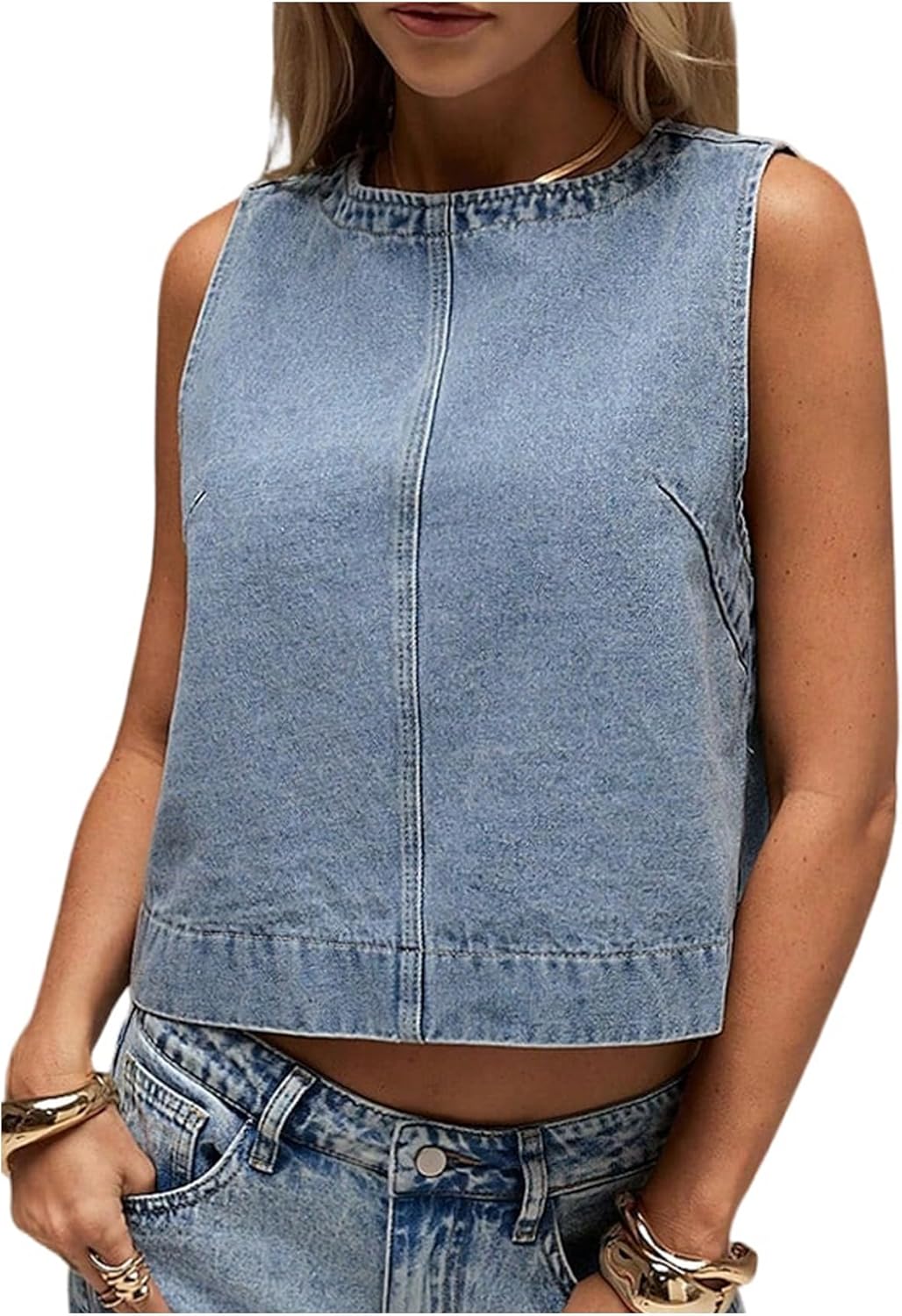 Milumia Women's Denim Vest Tank Top Sleeveless Round Neck Loose Fit Casual Jean Vests Streetwear