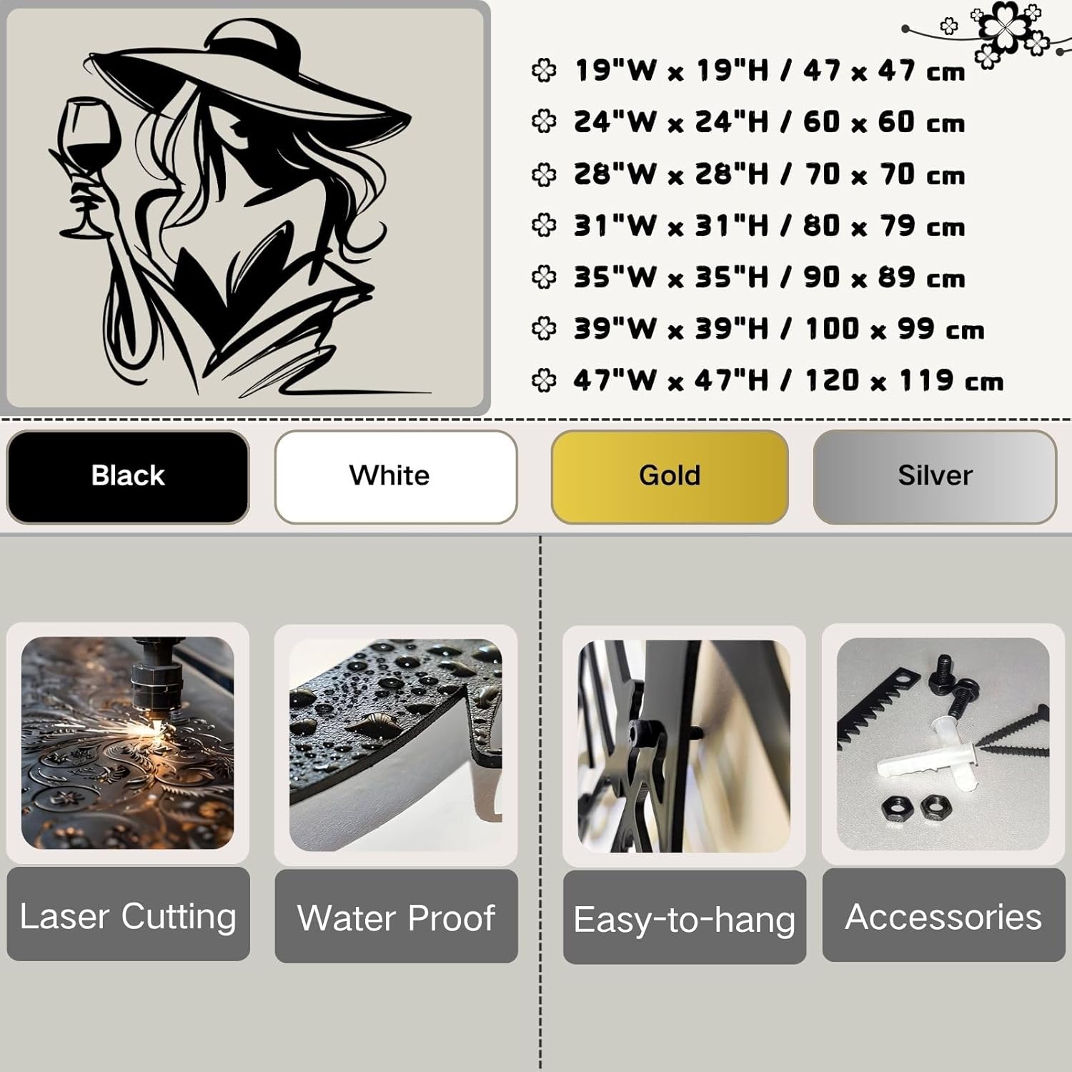 Trpiox Woman and Wine Metal Wall Art, Modern Woman Metal Wall Decor, Female Line Wall Art for Living Room, Bedroom, Bathroom, Office (Black,39" W x 39" H / 100 x 99 cm)