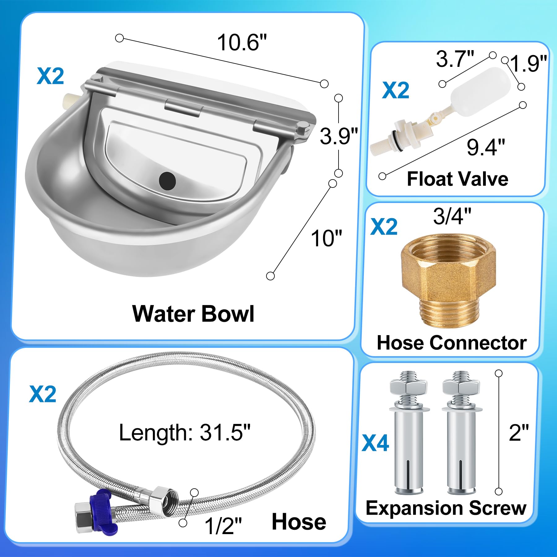ToLanbbt 2 cuencos automáticos de agua para caballos con válvula flotante, alimentador de agua para cabras de acero inoxidable, para ganado, llenado automático, cuenco de agua para perros con manguera