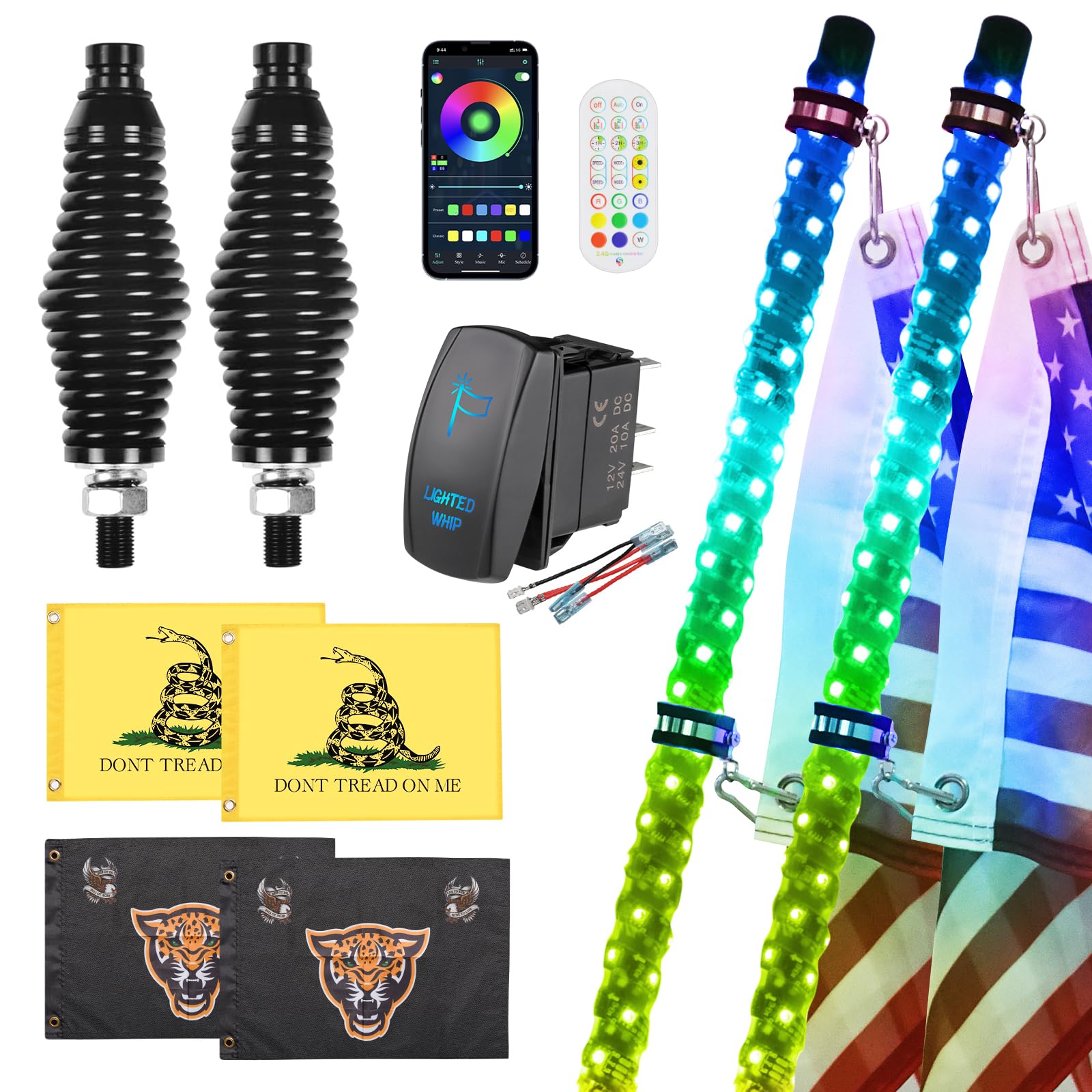 Ehaho 2 Pack 1FT LED Whip Lights With Spring Base, App &amp; Remote Control, Spiral RGB Chasing Lighted Antenna, Music Light for UTV ATV RZR Can-Am SXS Offroad Polaris Truck