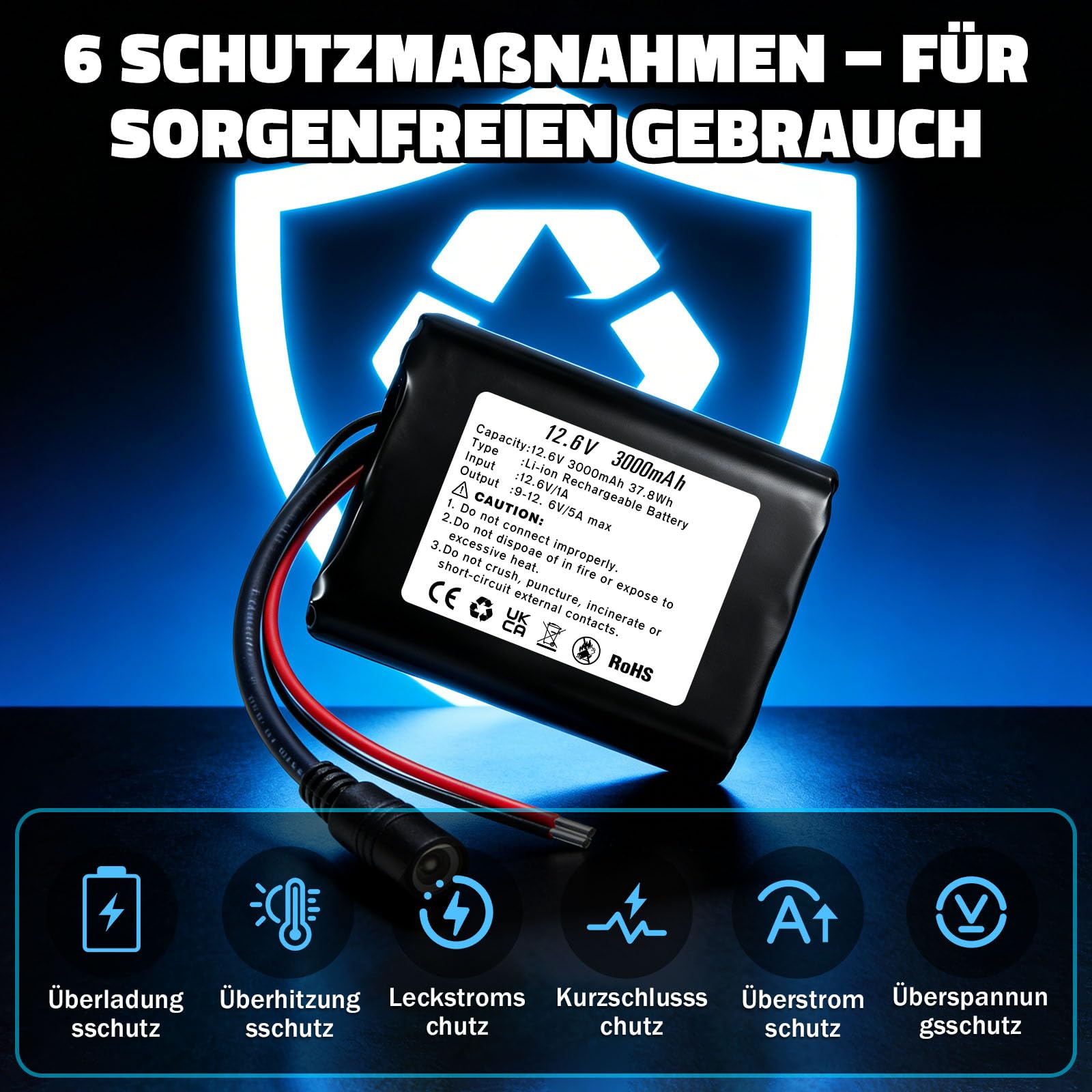 12.6V 3000mAh Lithium-ionen Akku, Wiederaufladbarer Akku mit Ladegerät und 2 Verbindungskabeln für Solar Panel, Radio, Kameras, Camcorder, DIY Leselampe, Teleskop, Sonar