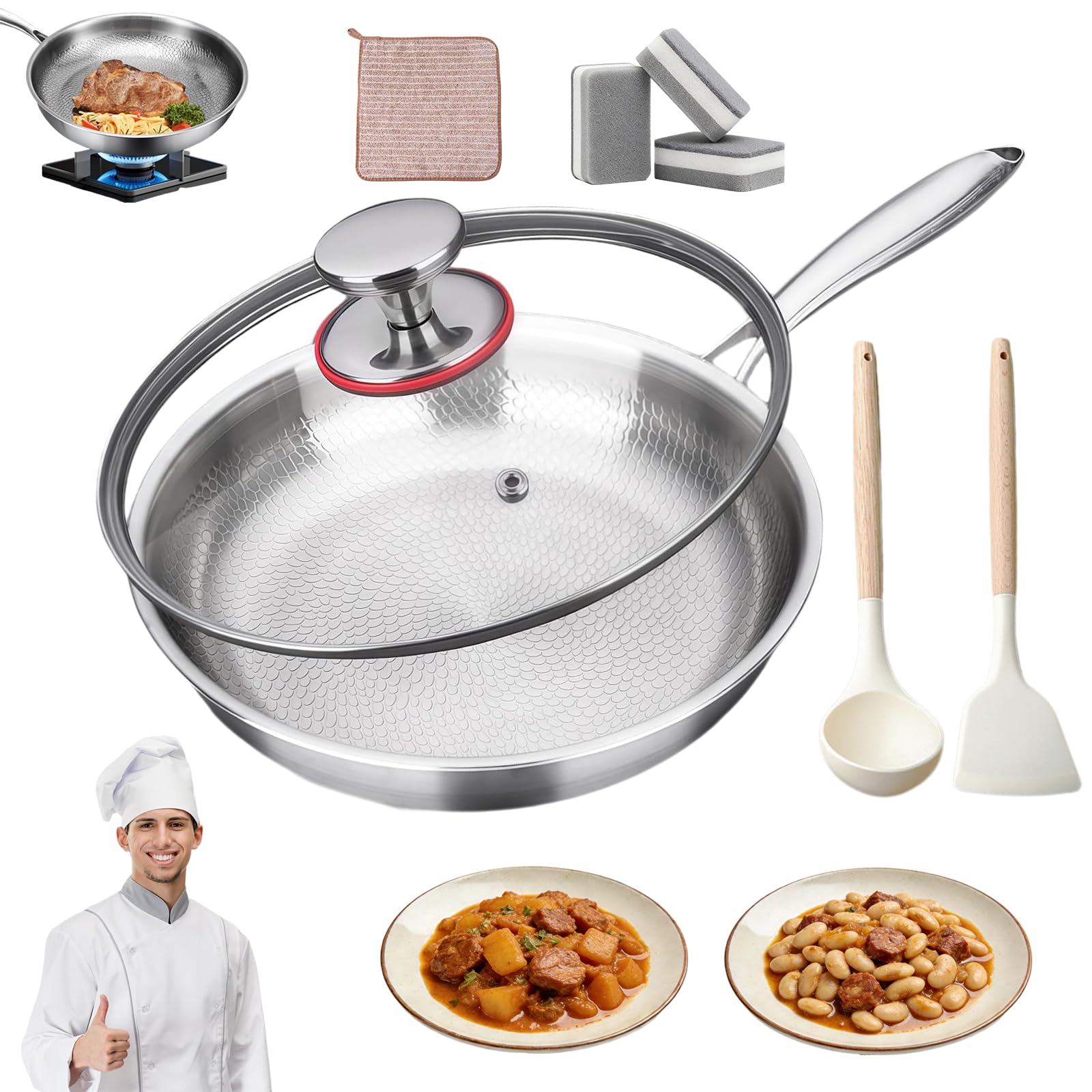 2026 Nuevo Sartenes de Titanio, Sarten de Titanio Antiadherente sin Recubrimiento, 26/28/30cm Sartén Titanio Martillado para Todo Tipo de Cocinas, Cocción Uniforme y Saludable (Con Tapa, 28cm)
