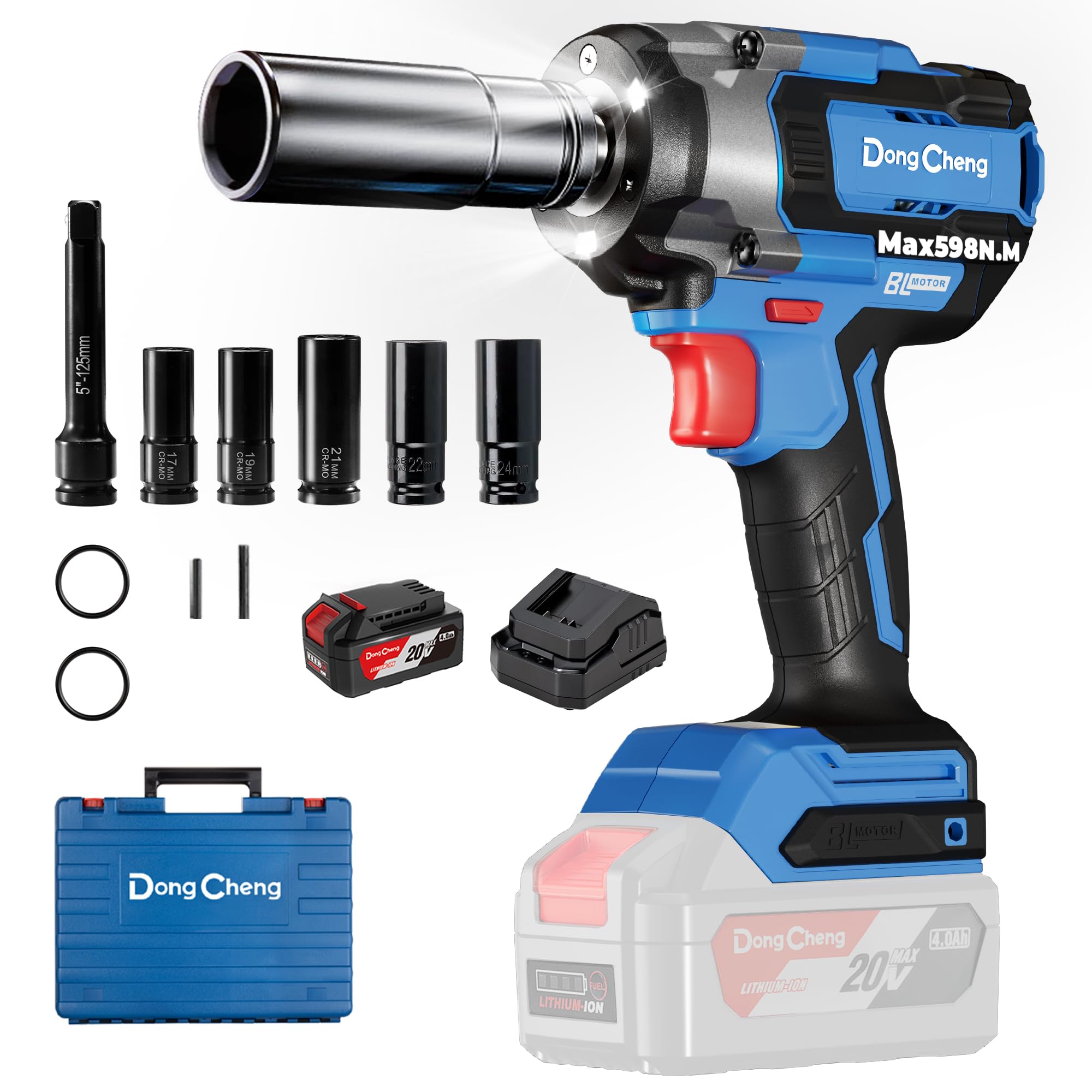 DongCheng Chiave ad Impulsi Senza Fili 20V 4.0Ah Li-ion 800 Nm Chiave a Impulsi Elettrica 2400 giri/min 4 Velocità con Dadi 17-24mm e Luce LED per Cambio Gomme Auto Meccanica Cantiere