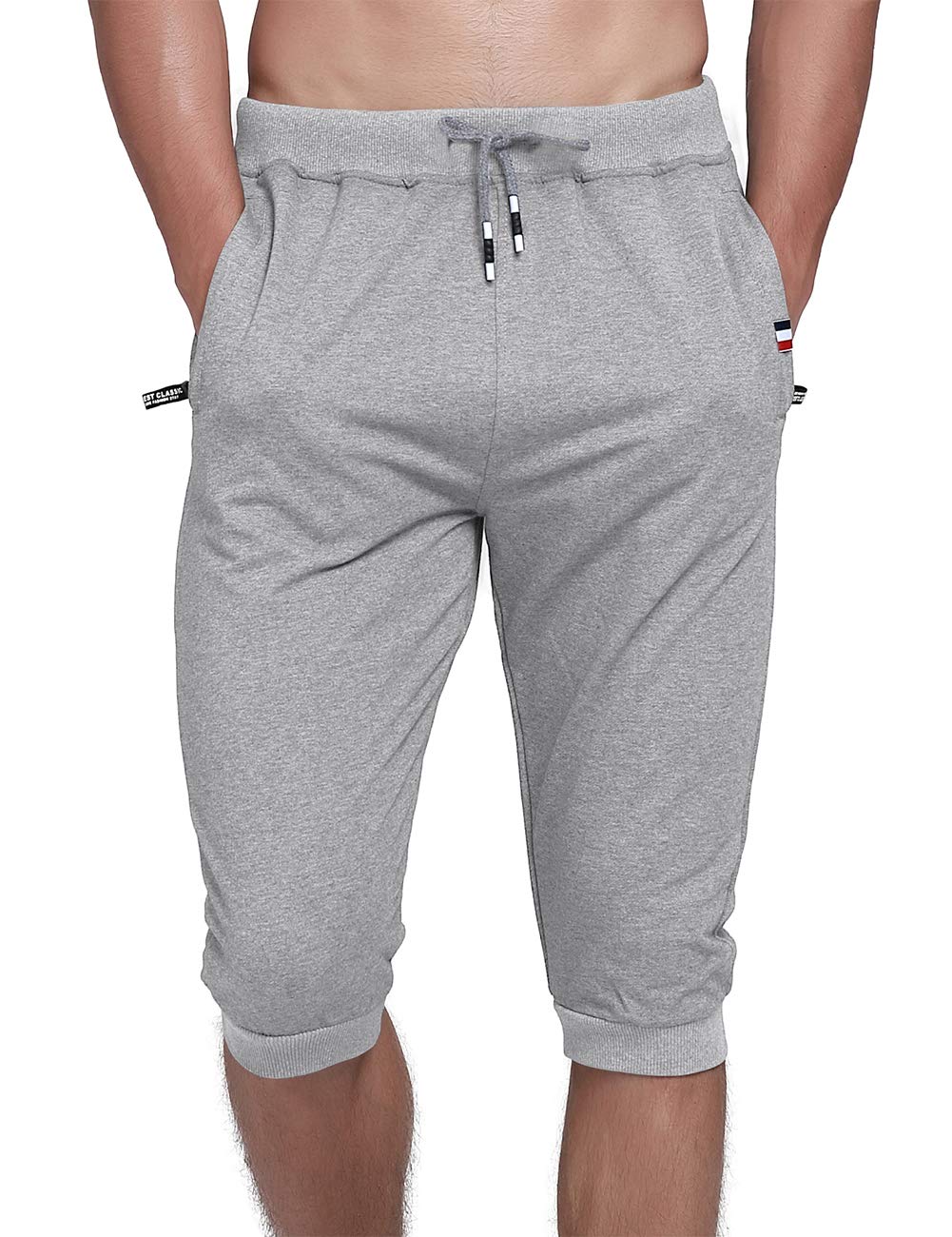 YSENTO Men's Cotton Casual 3/4 Jogger Running Capri Pants Below Knee Gym Workout Shorts Zipper Pockets