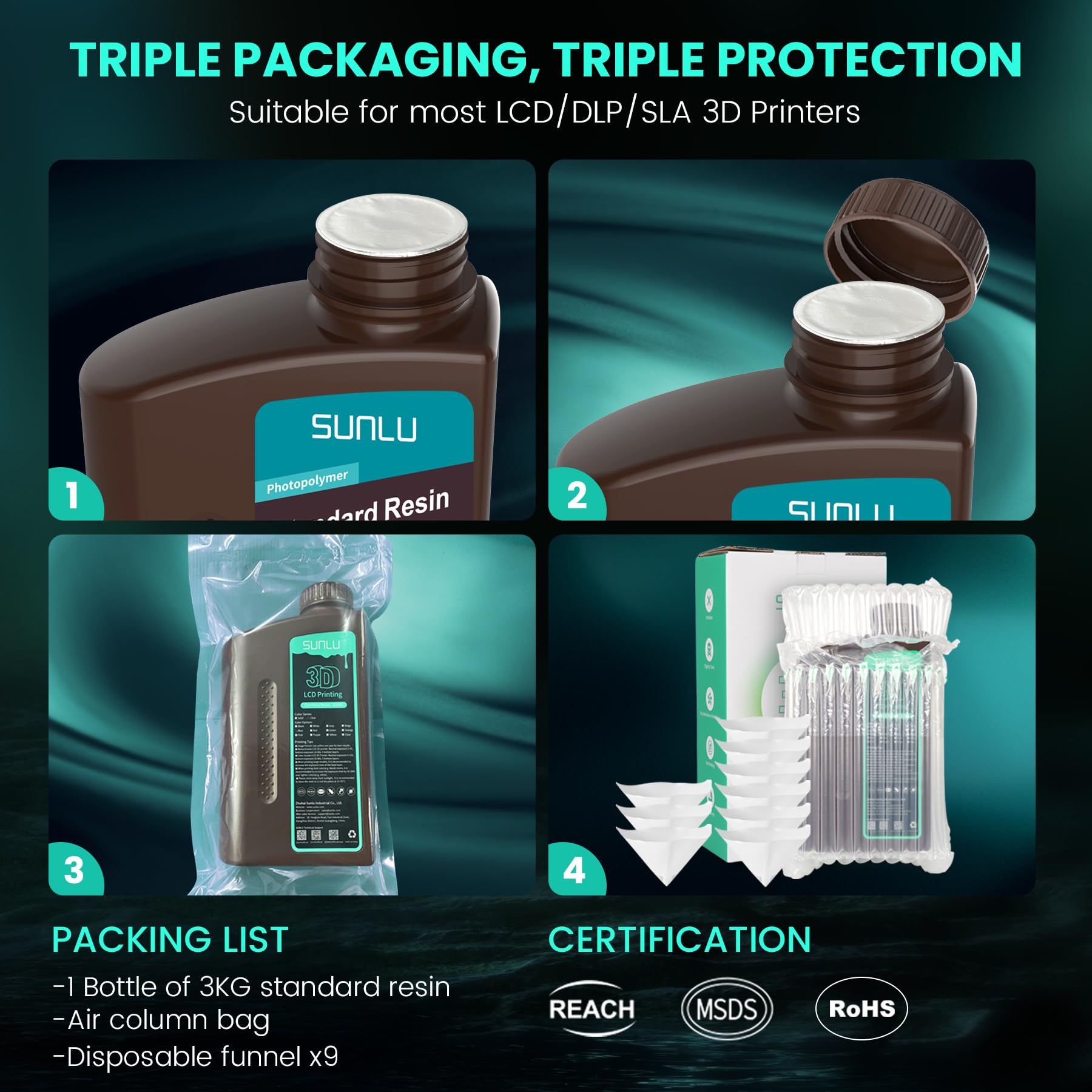 SUNLU Stampante 3D Resina 3KG, 405nm Resina UV Polimerizzante Veloce, Fotopolimero Standard Resina di Stampa 3D per 4K/8K LCD/DLP/SLA Stampanti Resin, Alta Precisione, Nero 3000G