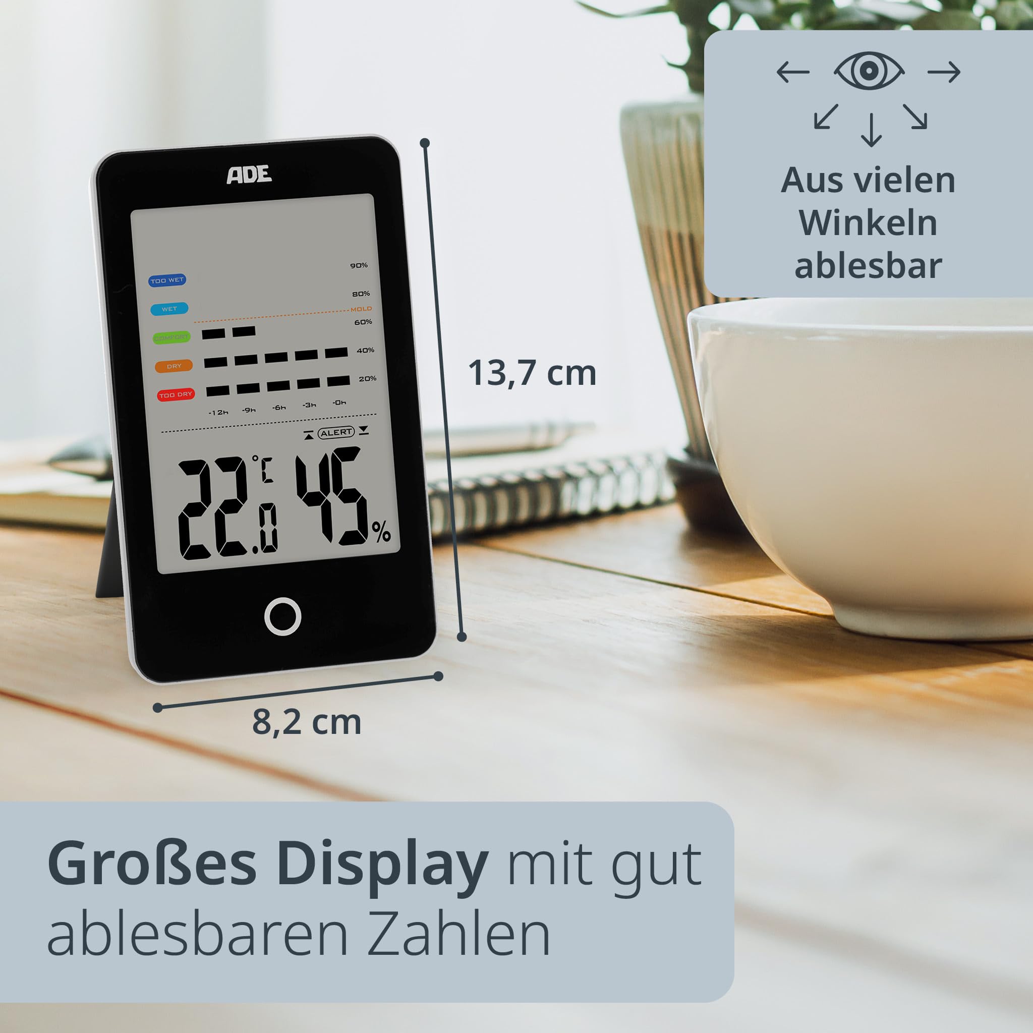 ADE Digitales Hygrometer innen mit Schimmelalarm | Feuchtigkeitsmessgerät mit Thermometer | Temperatur und Luftfeuchtigkeitsmesser | großes LCD-Display | Doppelpack | schwarz