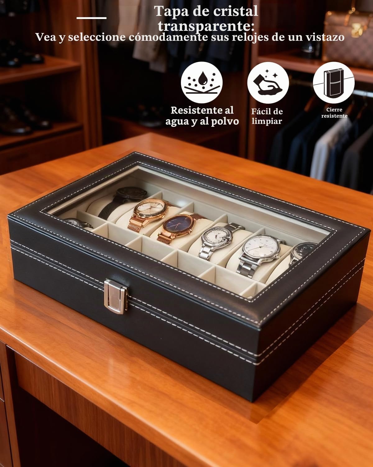 ATPEAM Caja para Relojes 12 Compartimentos Organizador Estuche Almacenamiento Tapa Cristal