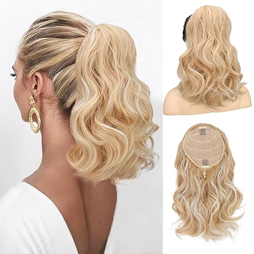 AISI BEAUTY Extensión de cola de caballo corta rubia de 14 pulgadas sintética ondulada con cordón para mujer, cola de caballo falsa rubia con clip