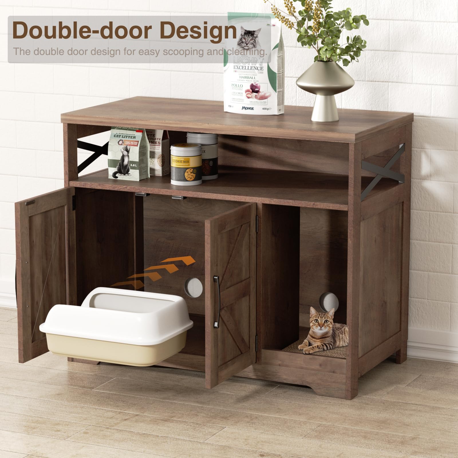 Cat Litter Box Enclosure, Hidden Litter Box Furniture with Scratch Pad, Farmhouse Indoor Cat House Washroom End Table, Retro Brown - image 4