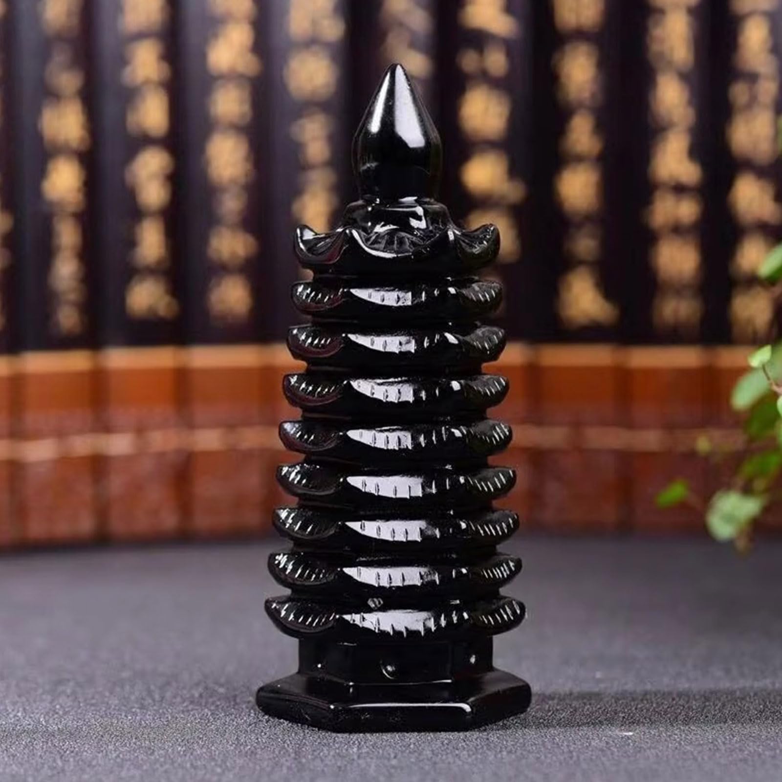 9-stufige Wenchang-Turmstatue aus natürlichem schwarzem Obsidian