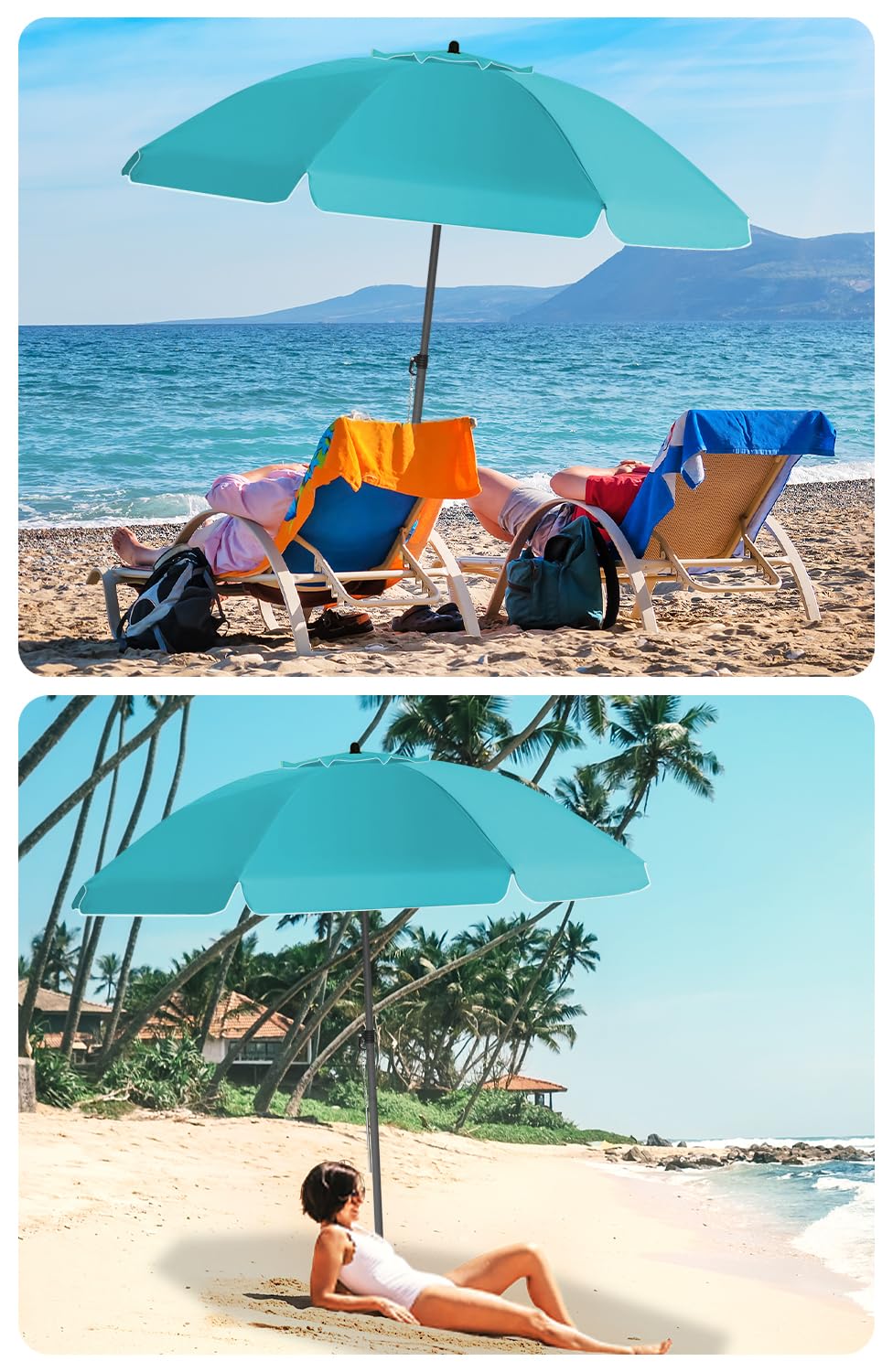 Parasol Plage Inclinable UV50+ 200cm Turquoise HOMEDEMO avec Pied d'Ancrage & Housse