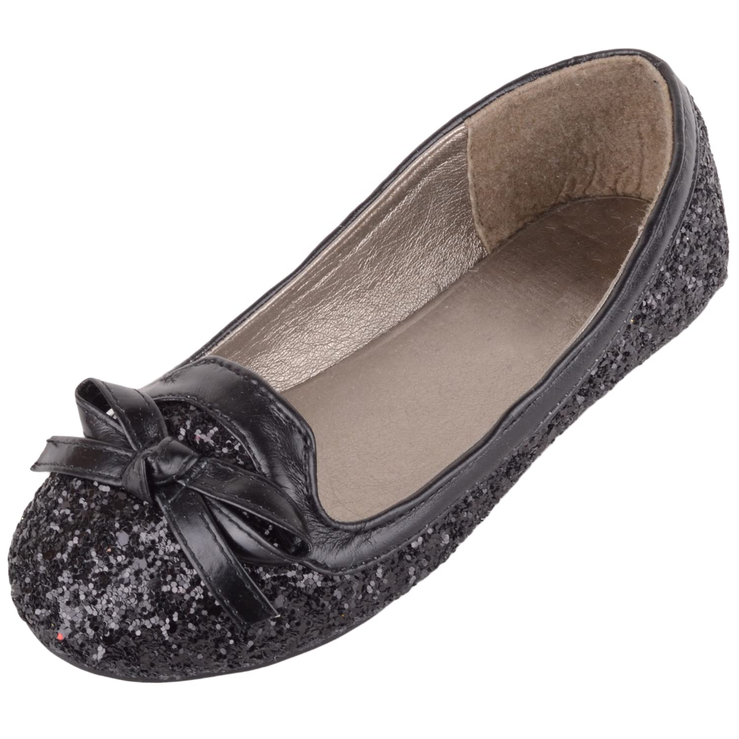 ABSOLUTE FOOTWEAR Childrens Kids Girls Easy Slip On Glitter Bow Design Ballerina Pumps - Black - US Infant 11