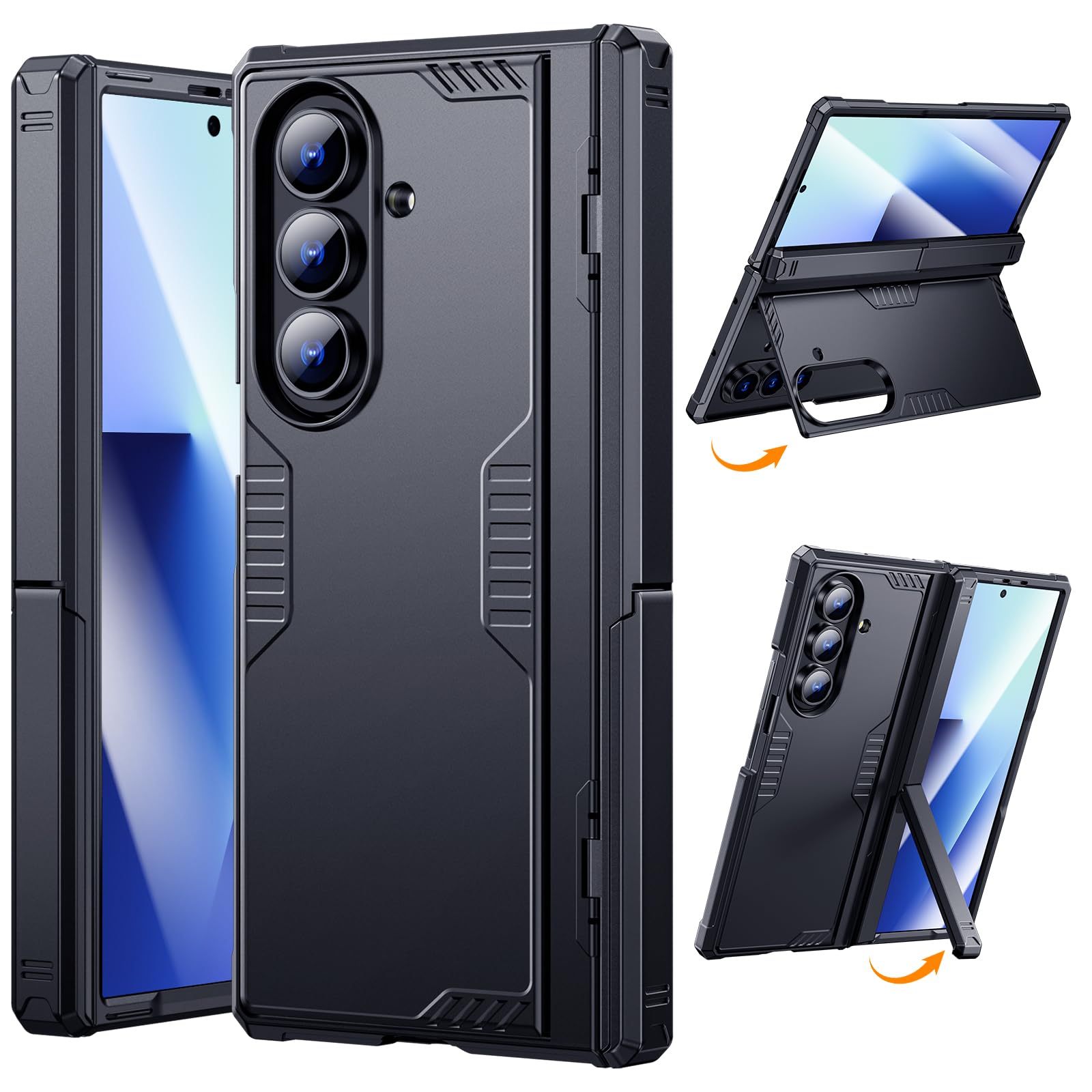 JUESHITUO Cover per Samsung Galaxy Z Fold 7 con Supporto, Protezione Della Cerniera e Pellicola Protettiva per Lo Schermo, Sottile, Custodia Antiurto e Antigraffio - Nero