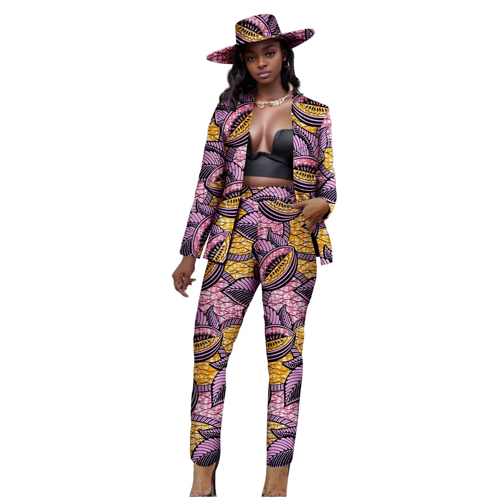 African Women Set Fashion Long Sleeve Coat Slim Fit Pants Match Hat Traditional Ankara Print