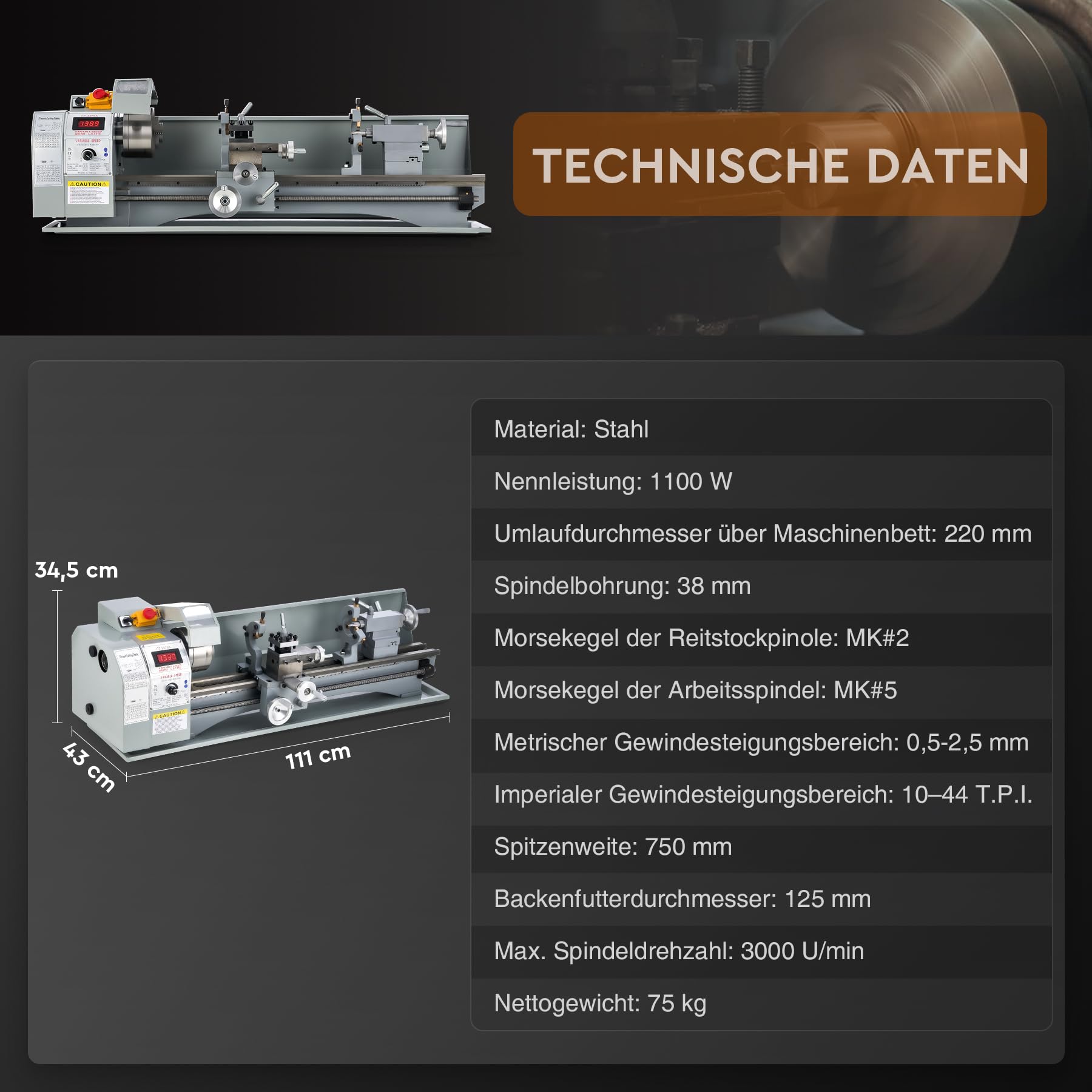 CREWORKS Metalldrehmaschine 1100W, 220x750mm, 2250 RPM, Mini-Tischdrehmaschine