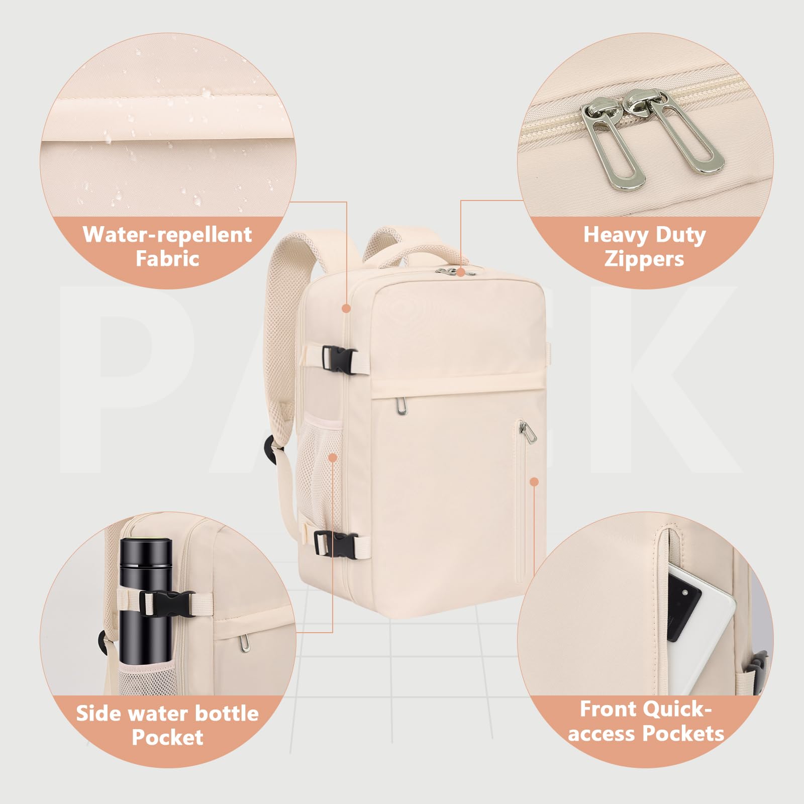 KIRFEIHT Handgepäck 40x30x20 für Ryanair - 24L Kabinentasche Rucksack Untersitz Reise Handgepäck Rucksack mit Laptopfach für Arbeit, Freizeit - Beige