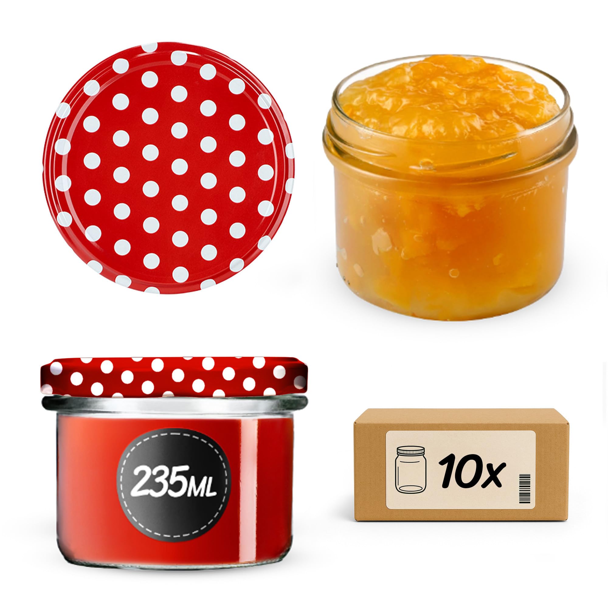 KADAX Glass Jars 235 ml, Small Preserving Jars with Metal Lids for Homemade Jam, Marmalade and Honey, Jars for Storing Spices and Herbs (Red Peas, Set of 10)