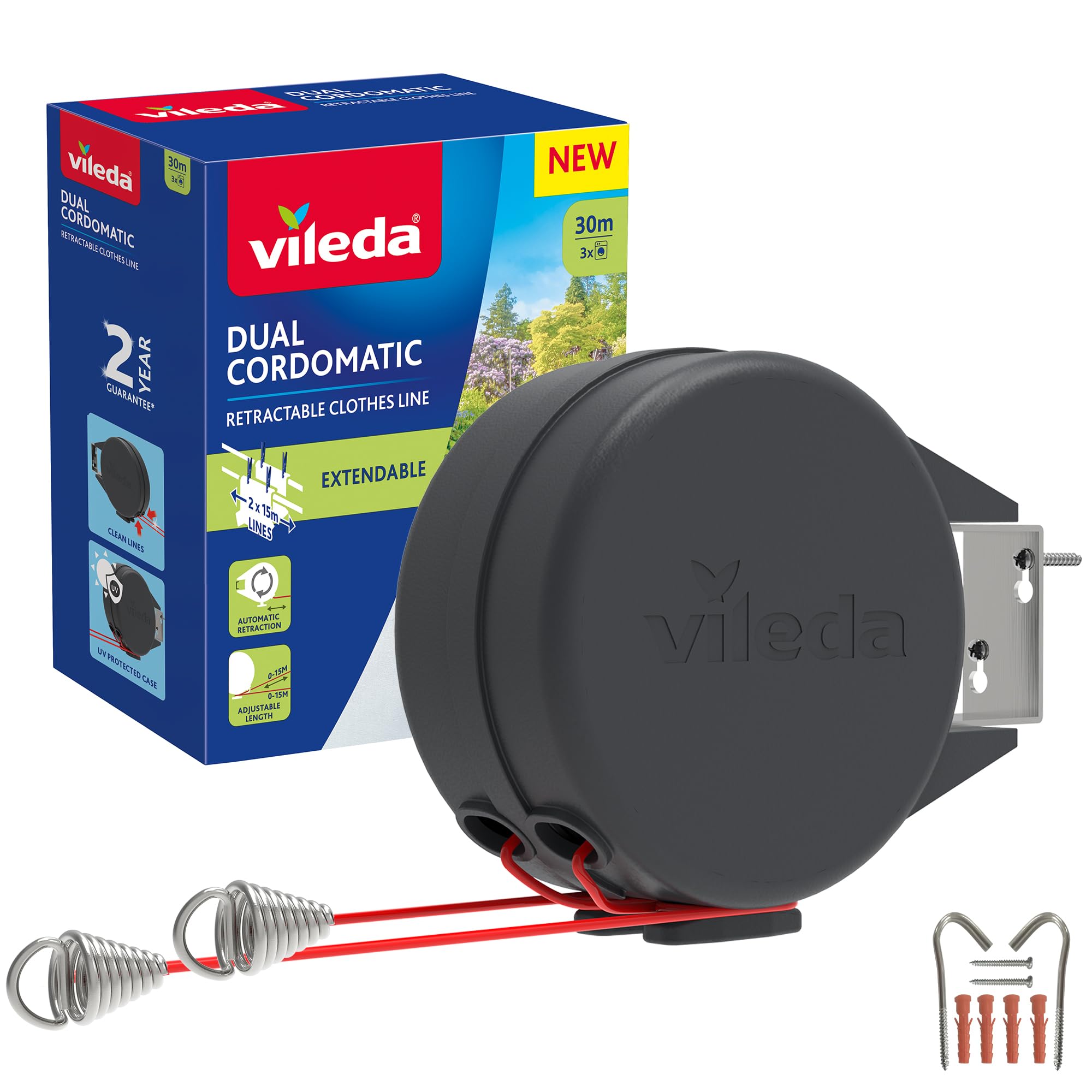 Vileda Duale Cordomatic einziehbare Wäscheleine, 30 m, 2 x 15 m Wäscheleine, hält bis zu 30 kg, ausziehbare Wäscheleine, automatisches Einziehen, stark und langlebig, Wandmontage für den Innen- und