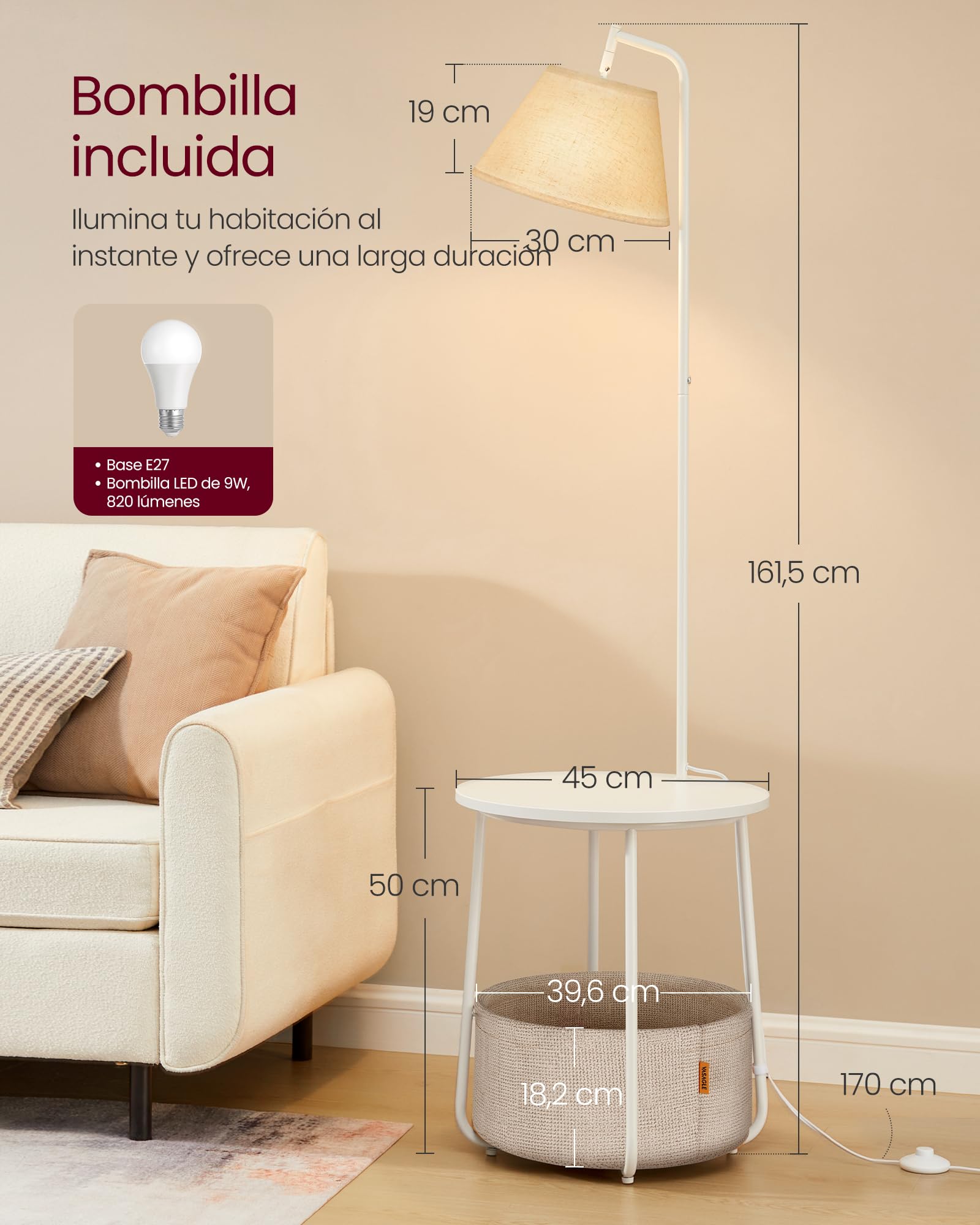 VASAGLE Mesa Auxiliar con lámpara 3 en 1 lámpara de pie con Mesa y Cesta de Tela para salón, mesita de Noche, Bombilla LED, luz y Pantalla Ajustable, Marco de Acero, Blanco Mate LFL004WC04
