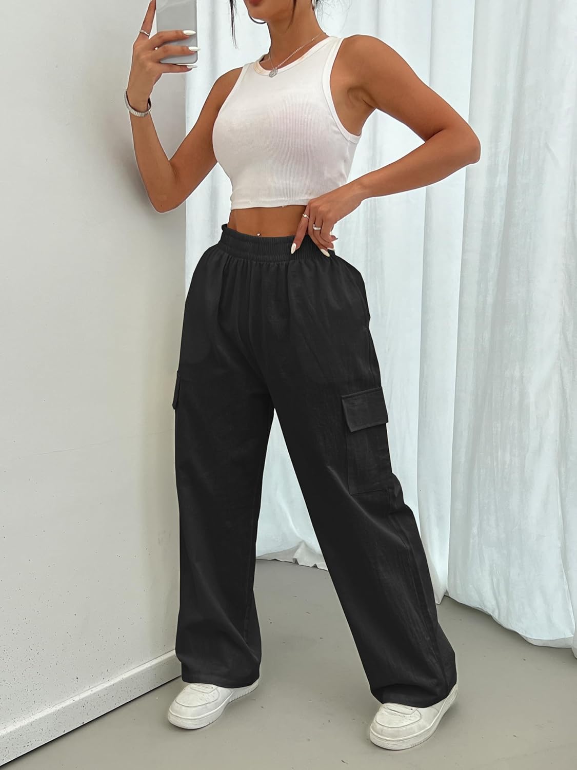 Cargo Linen Pants for Women Summer Wide Leg Palazzo Beach Pants Lightweight Women's Casual Pants with Pocket - Image 4