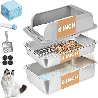 Stainless Steel Litter Box XXL Sieve Litter Box for Pine Pellets Tall Metal Litter Box System for Large Cats with Plastic Shovel & 10 Urine Pads 6 Inches