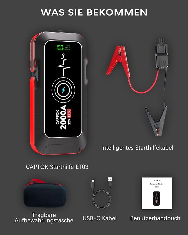 CAPTOK 16800 mAh Indítóakkumulátor 2000A Vezeték Nélküli Töltéssel és LED Lámpa
