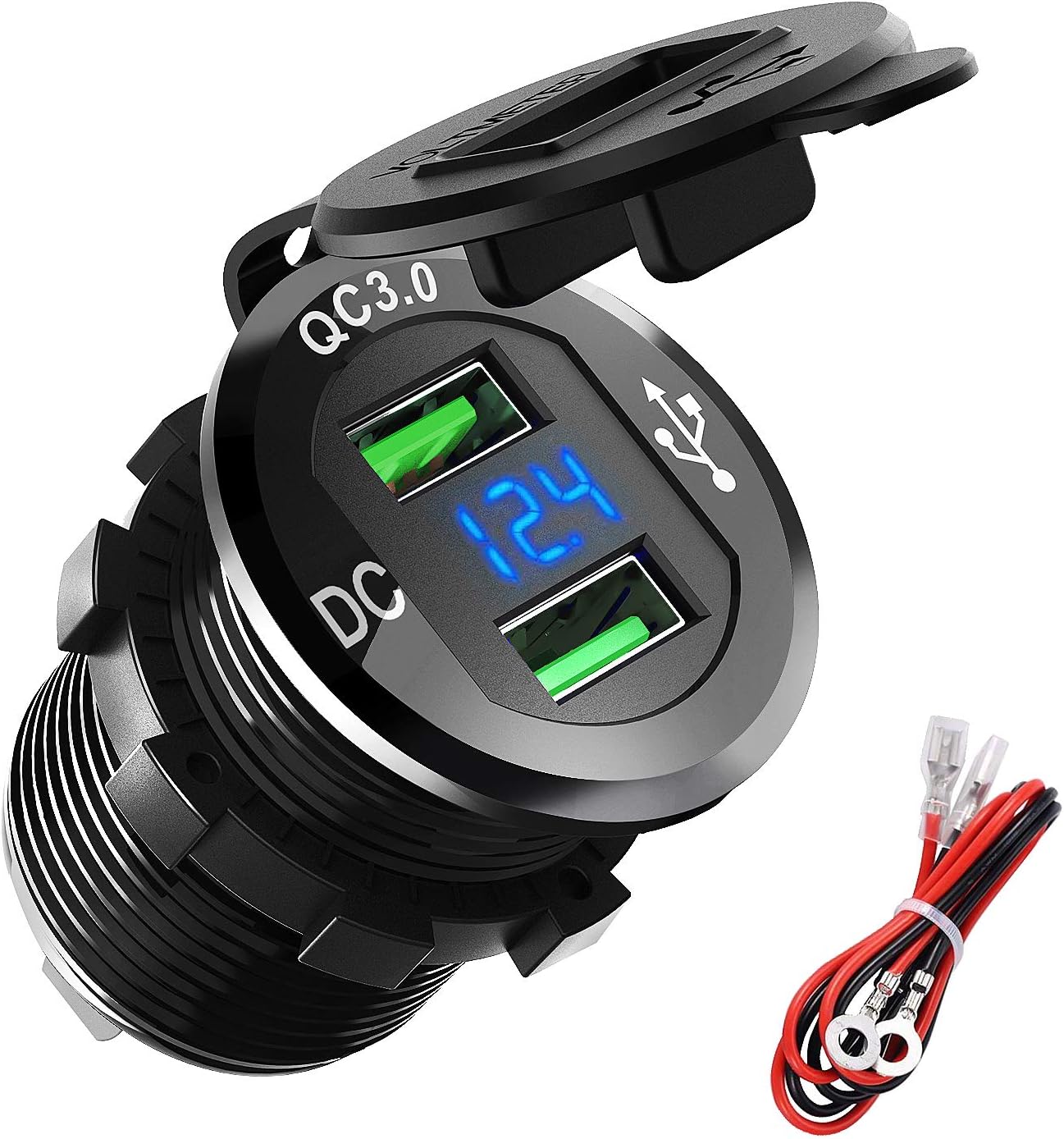 Quick Charge 3.0 USB Charger Socket, ADSDIA 12V/24V 36W Aluminum Waterproof Dual Car Charger Power Adapter Outlet with LED Display for Cell Phone Chargers for use in Vehicles