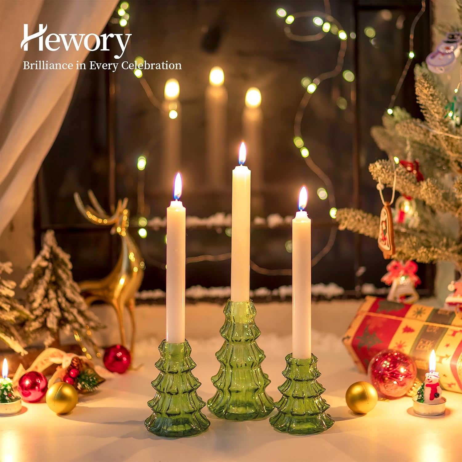 Hewory Christmas Tree Candle Holder: 3 Pcs Green Glass Candlestick Holders Indoor Christmas Decorations, Decorative Taper Candle Holders for Table Centerpiece Dinner Gathering Party Home Decor
