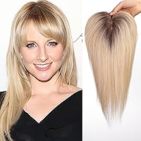 Vista 27 de HAIRCUBE Toppers de cabello humano para mujeres, 100% Remy Topper con flequillo, 150% densidad base de seda topper con clip 14 pulgadas 1.41 oz