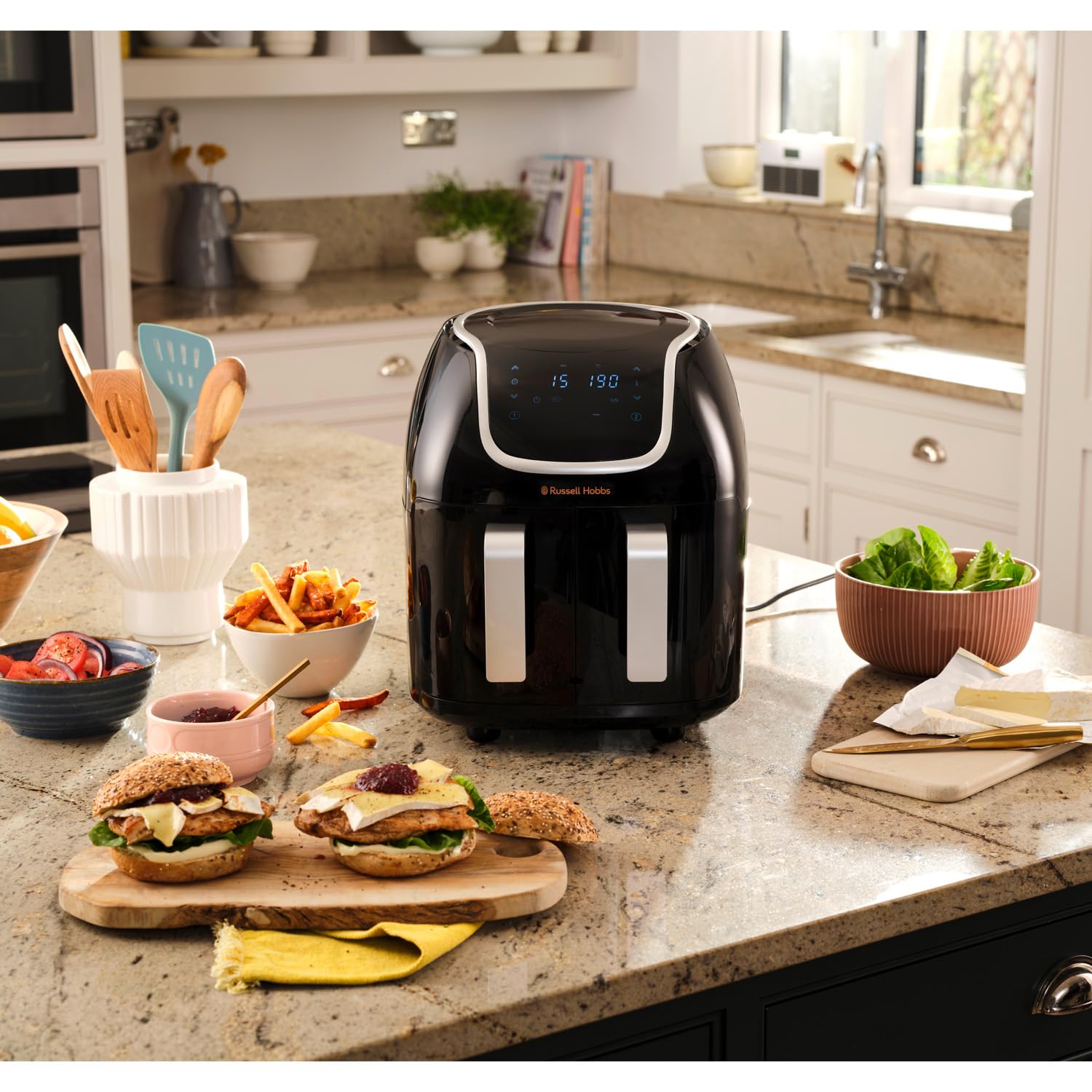 Russell Hobbs Freidora de Aire 8,5 l Doble, Freidora sin Aceite, Dos Cestillos Regulables por Separado, Dietética, Cocción Sincronizable, 8 Programas, Táctil, Digital, hasta 200º C, 27290-56