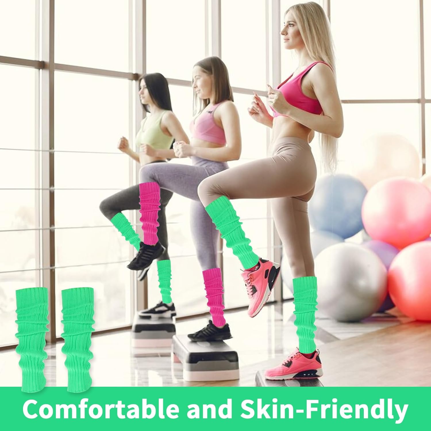 2 Pairs Neon Leg Warmers 80s Accessories for Women, Neon Pink and Green Socks, Retro Legwarmers Ribbed Leg Socks 80s 90s Stylish Accessories for Women Party Dance Sports Yoga - Image 8