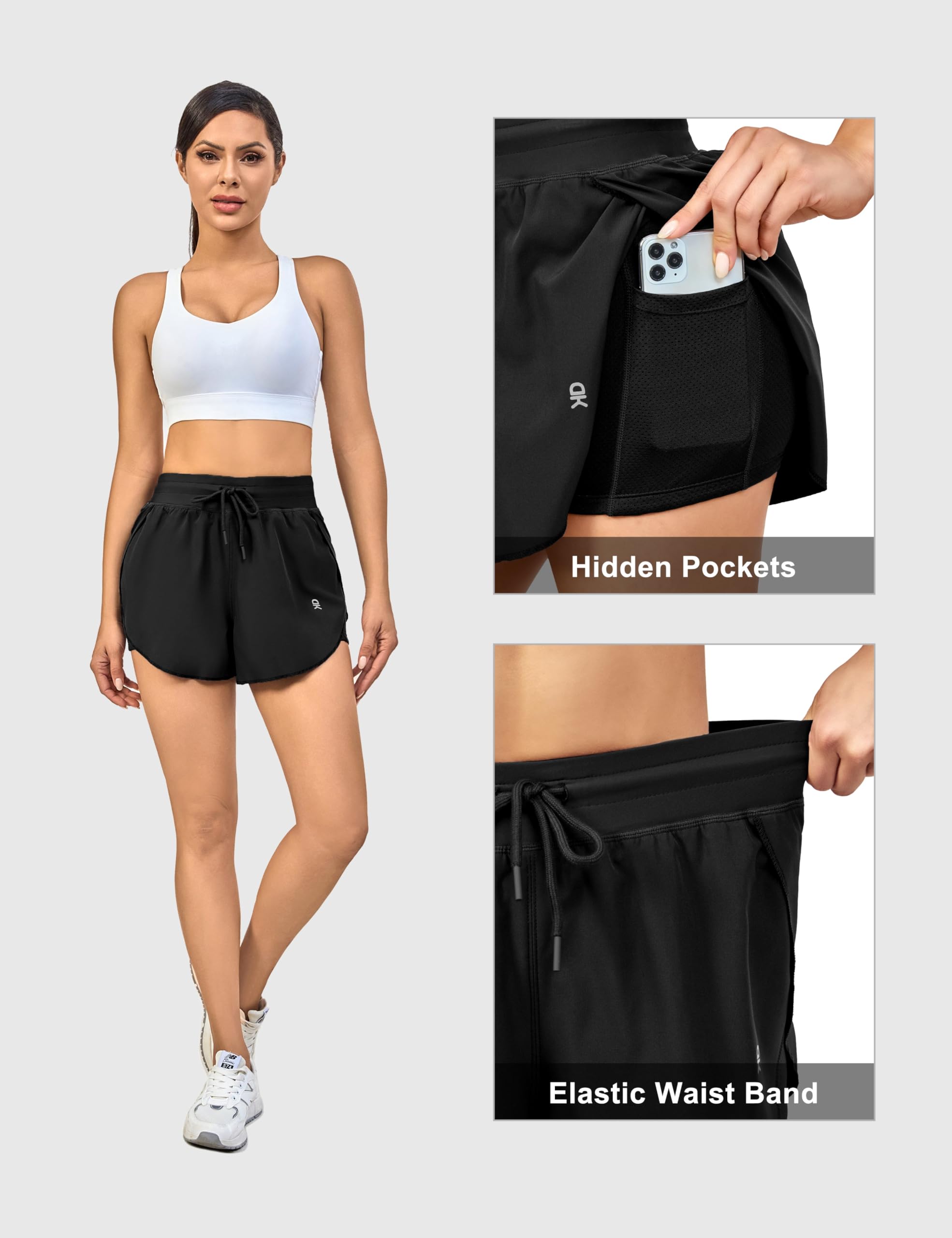 Little Donkey Andy Women's 2 in 1 Running Shorts, Lightweight Athletic Workout Gym Shorts Liner with Pockets (Black S)