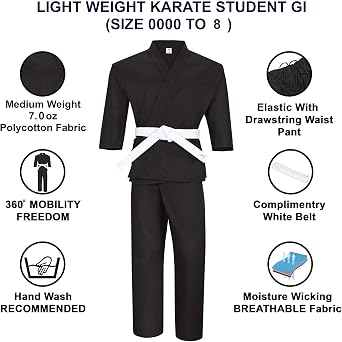 TMA Black Karate Uniform, Gi 7 oz Adult Kids w/White belt Tae Kwon Do