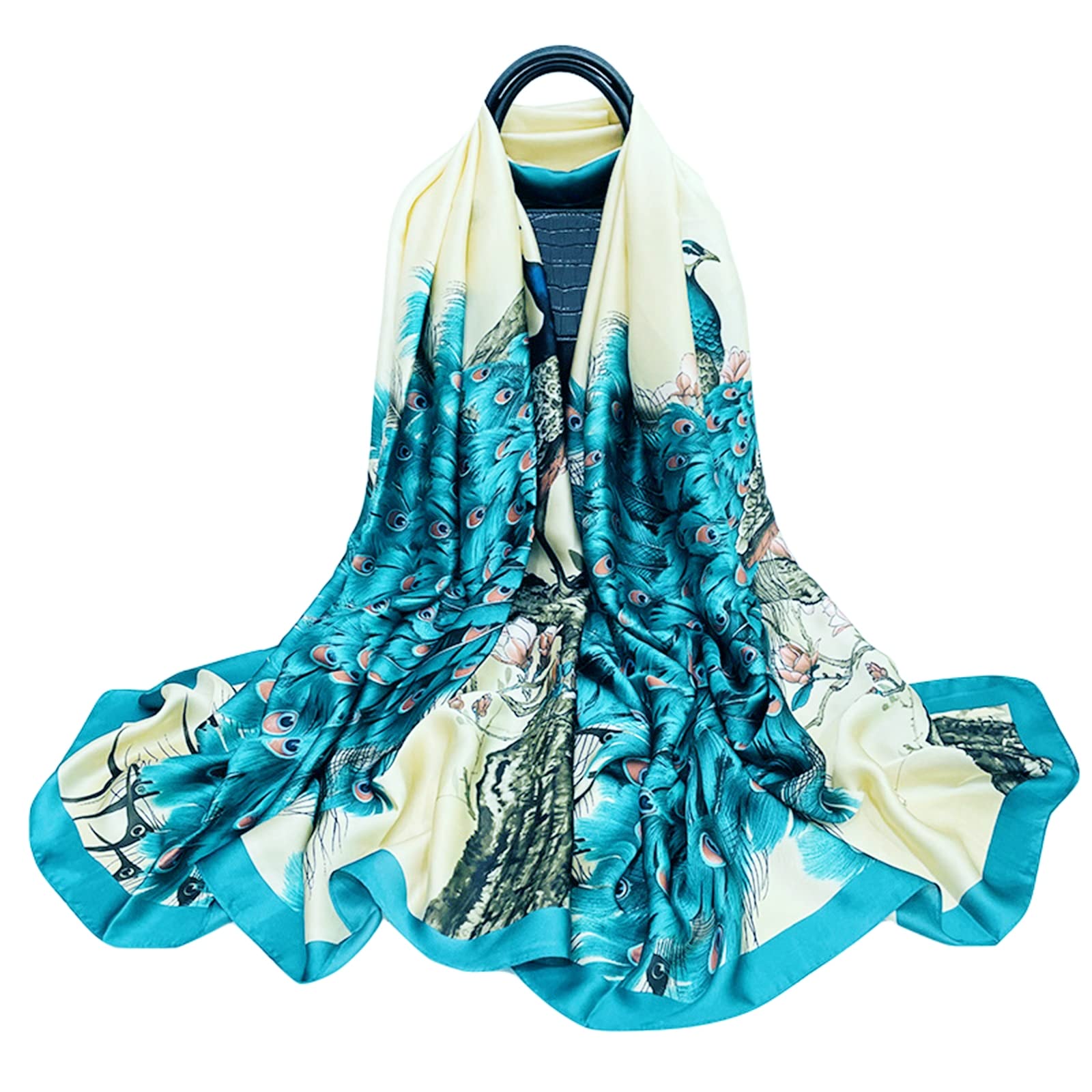 WEIGEER Silk Scarf - Chiffon Shawl, Long Head Wrap - Red with Blue-peacock Pattern - L180/W90