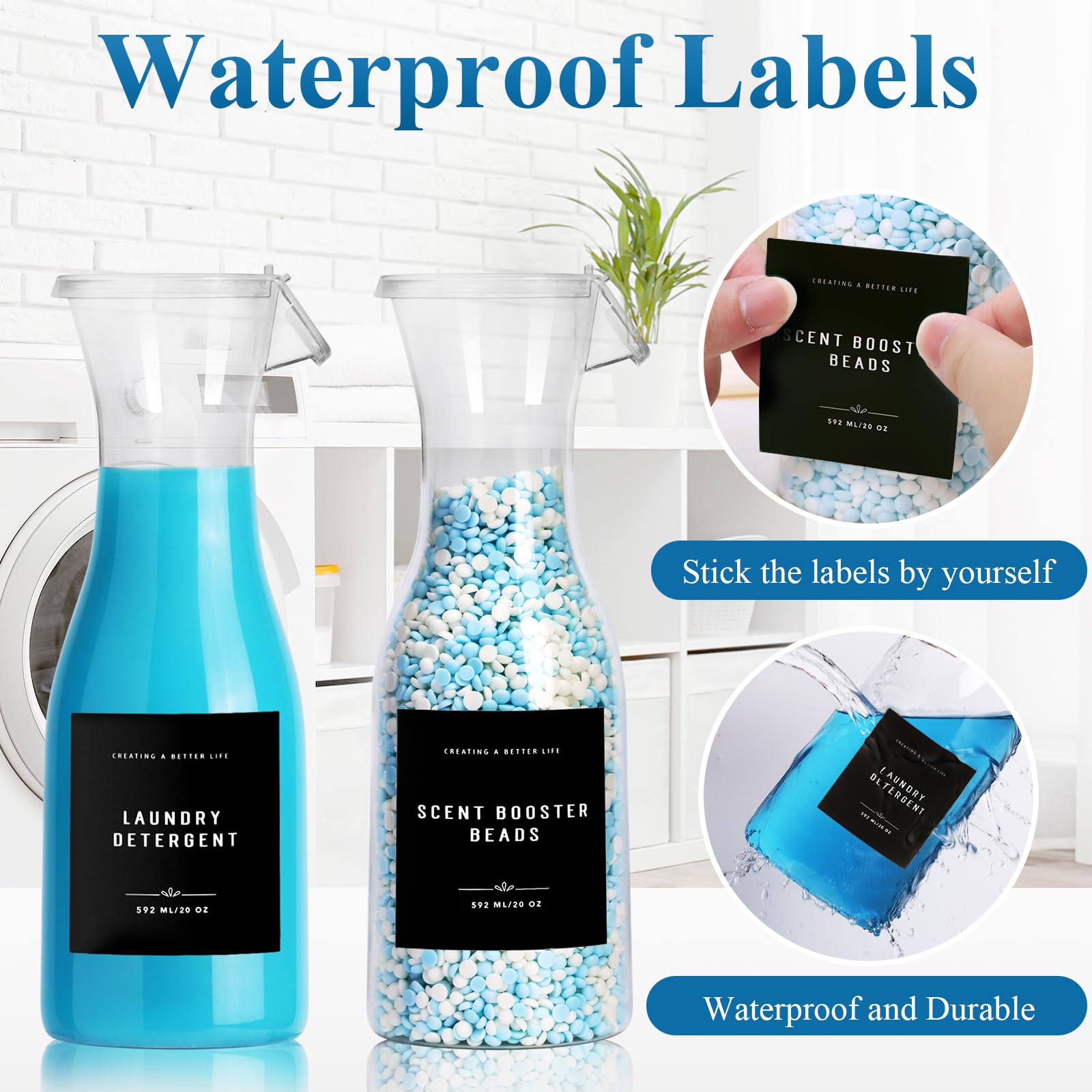 Botella dispensadora de detergente para ropa sucia de 20 onzas con etiqueta impermeable para detergente para ropa, jabón, suavizante de tela, cuentas reforzadoras de olor, botella de PET 6