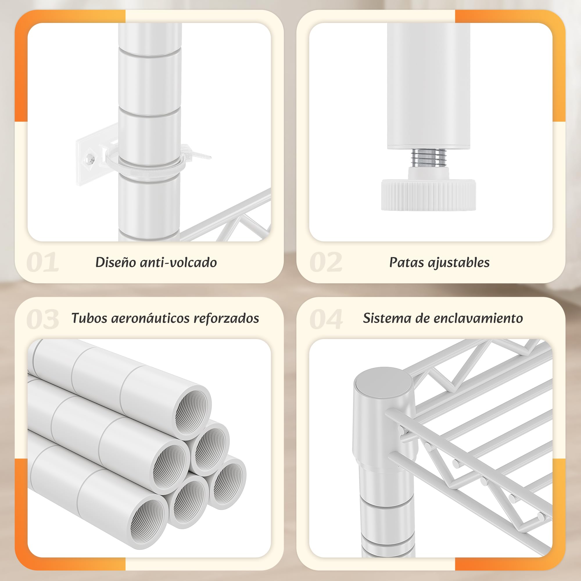 Burro ropa resistente, Armarios dormitorio metálico con 8 estantes regulables en altura, 5 barras para ropa y 1 cajón, 550 KG de carga, Perchero burro ropa, 189x45x194,5 cm, Blanco