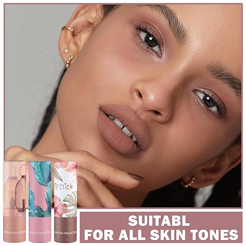 Miniatura 7 de 3PCS Lápiz labial mate de tono nude en tubo de papel, brillo labial sedoso y aterciopelado, mancha sin adherencia, resistente al agua, de larga