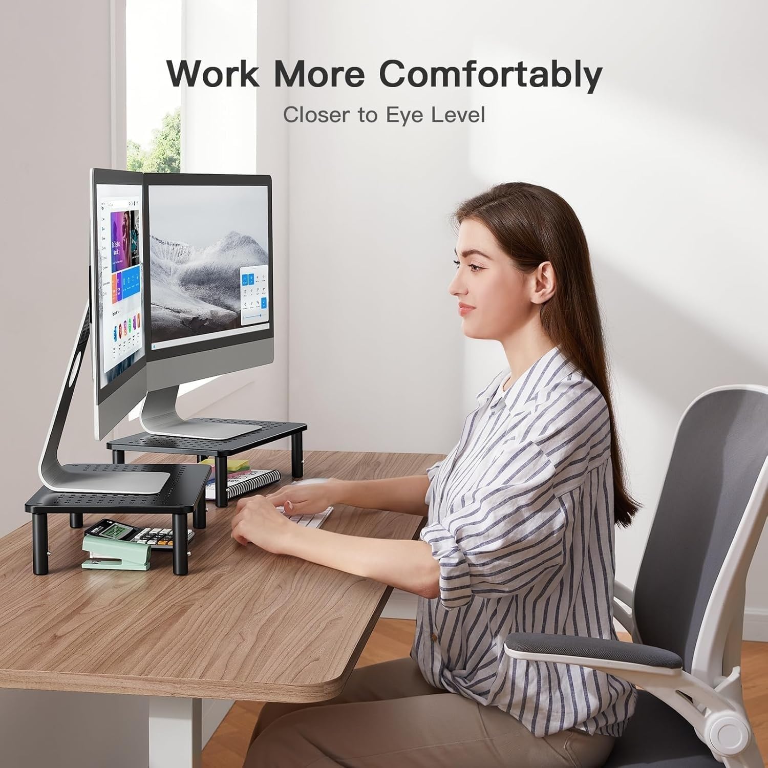 Huanuo - Supporto per monitor con 3 altezze regolabili per computer portatili, computer, iMac, PC, stampanti, desktop ergonomico, supporto per monitor con piattaforma in rete per flusso d'aria