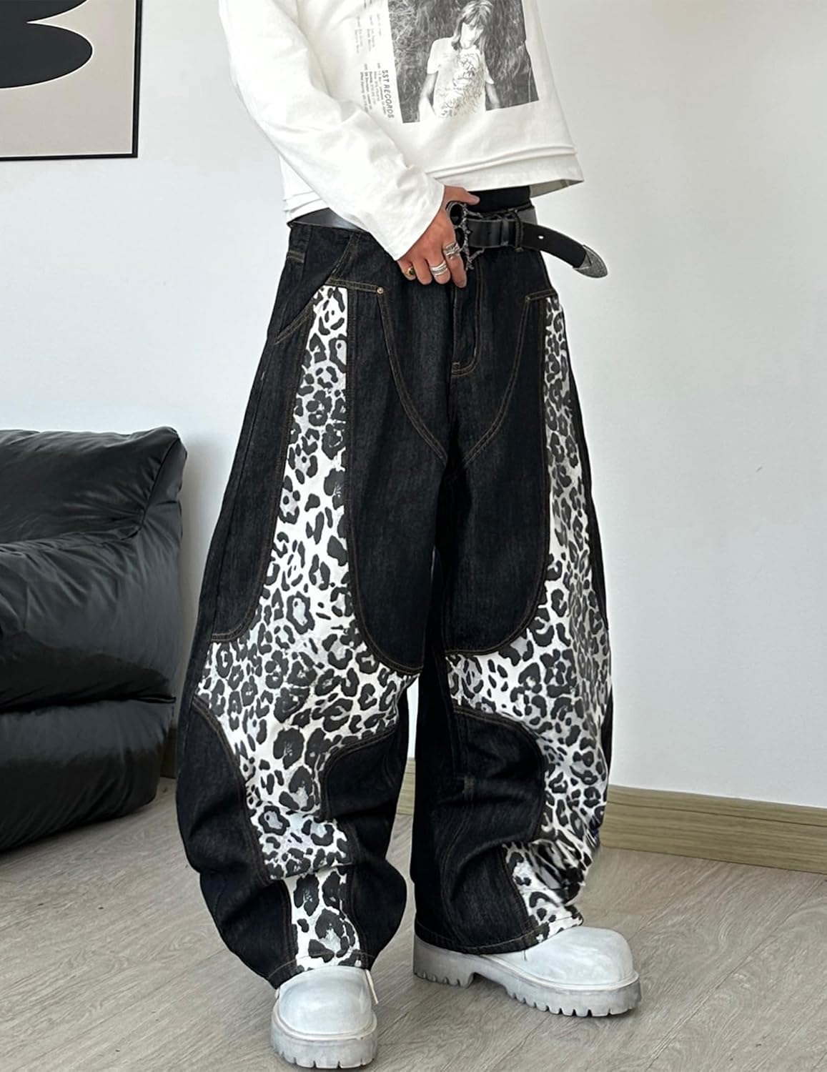 Mens Wide Leg Jeans Baggy Loose Fit Denim Pants Skater Jeans Y2k Patchwork Trousers Streetwear