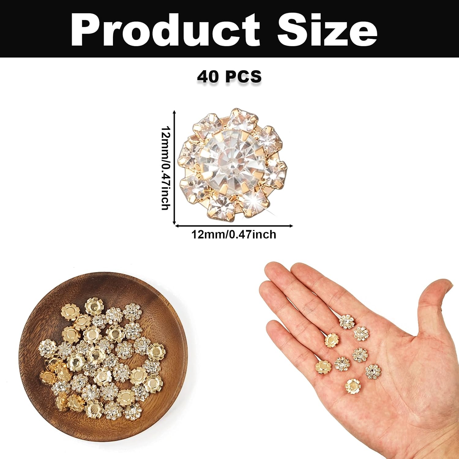 40PCS Gold Rhinestone Buttons, Round Crystal Flower Buttons, 0.47inch Flatback Rhinestone Embellishments for DIY Crafts Bridal Bouquets Wedding Clothes Shoes Hair Accessories Jewelry Making Supplies