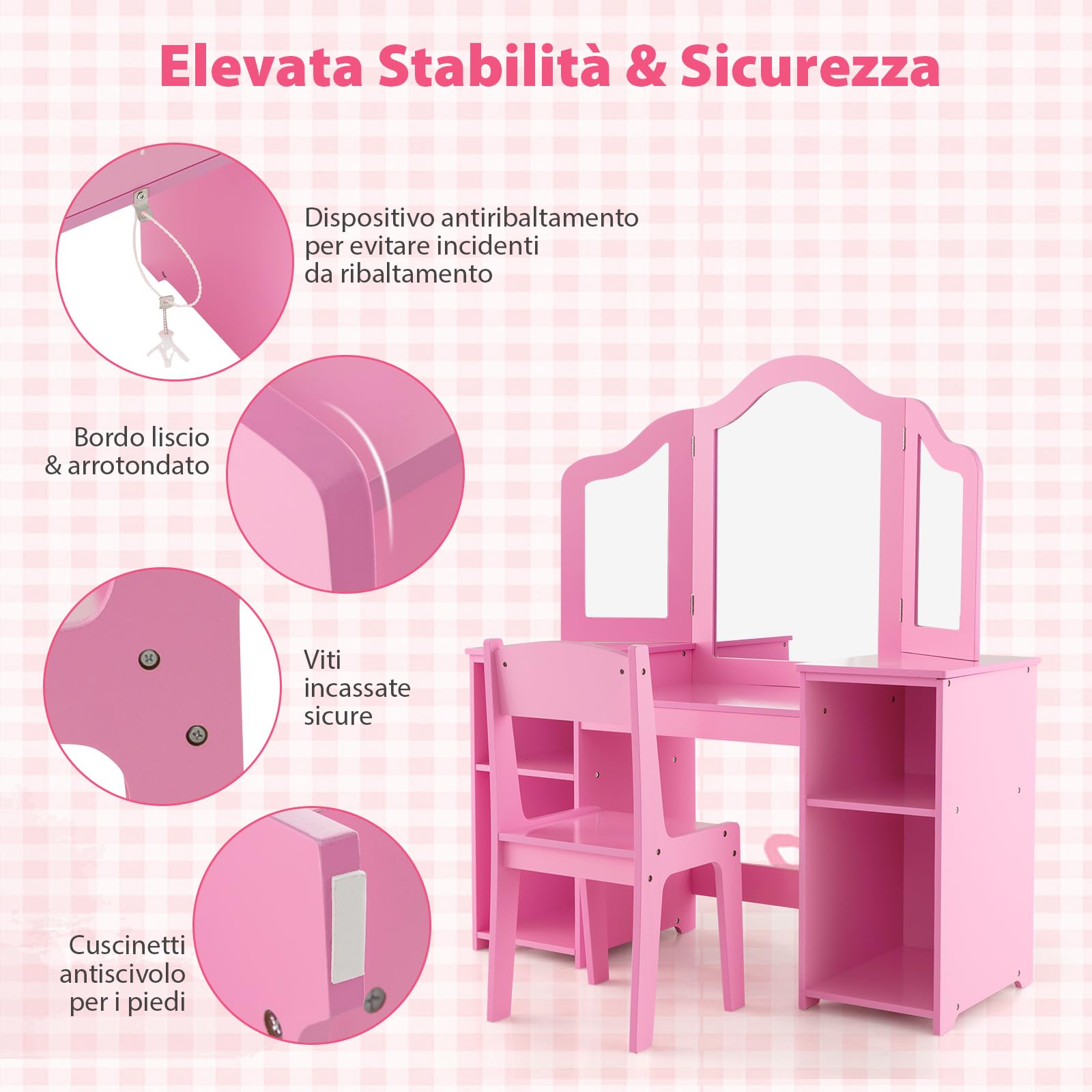 COSTWAY Set Toeletta per Bambini 2 in 1, Set Postazione Trucco in Legno con Sedia, Specchio a 3 Ante Rimovibile e 4 Scomparti, per Bambini 3+ Anni (Rosa)