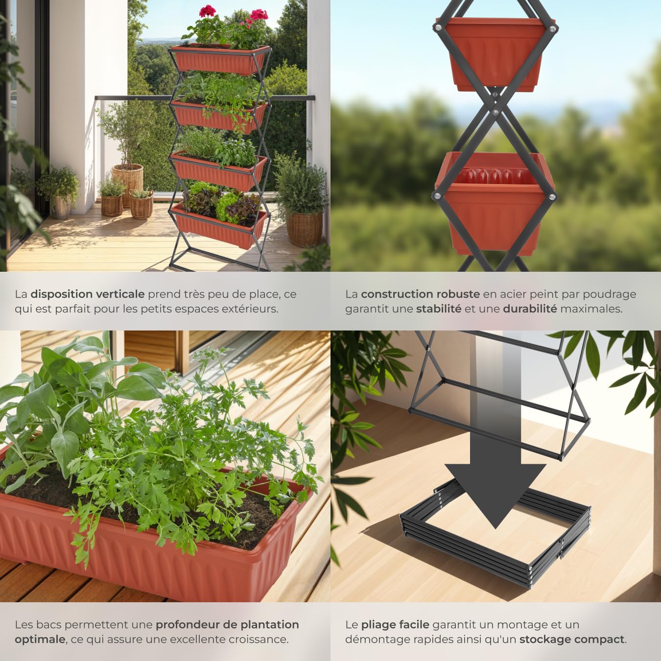 tectake® Potager de Jardin surélevé Jardinière Verticale avec 4 Bacs à Fleurs Culture en Hauteur Châssis Robuste Pliable Intérieur Extérieur Bac à semis 52x21x127 cm Jardin Terrasse Balcon