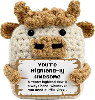 Encouragement Highland Cow Gifts for Women Friends Coworker, Handmade Crochet Highland Cow with Pun Inspirational Card