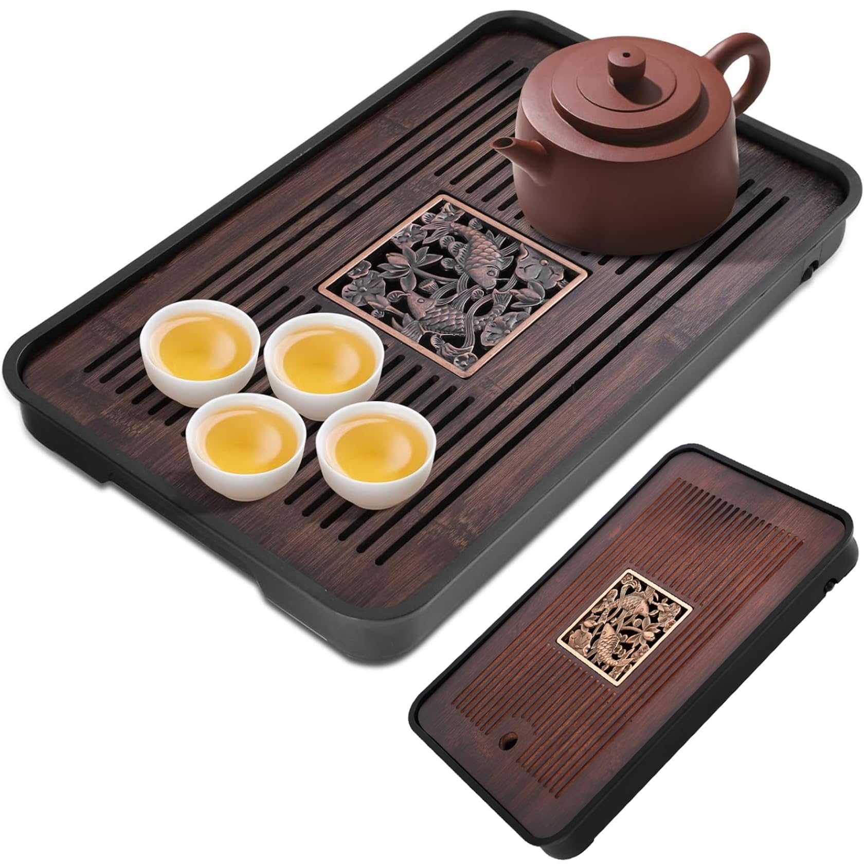 Ginwrek Gongfu Tea Tray Tea Tray 14.2x9.5 Detachable Bamboo Chinese Gongfu with Water Storage Drainage for Kung Fu Teapot Set, for Friends Relatives