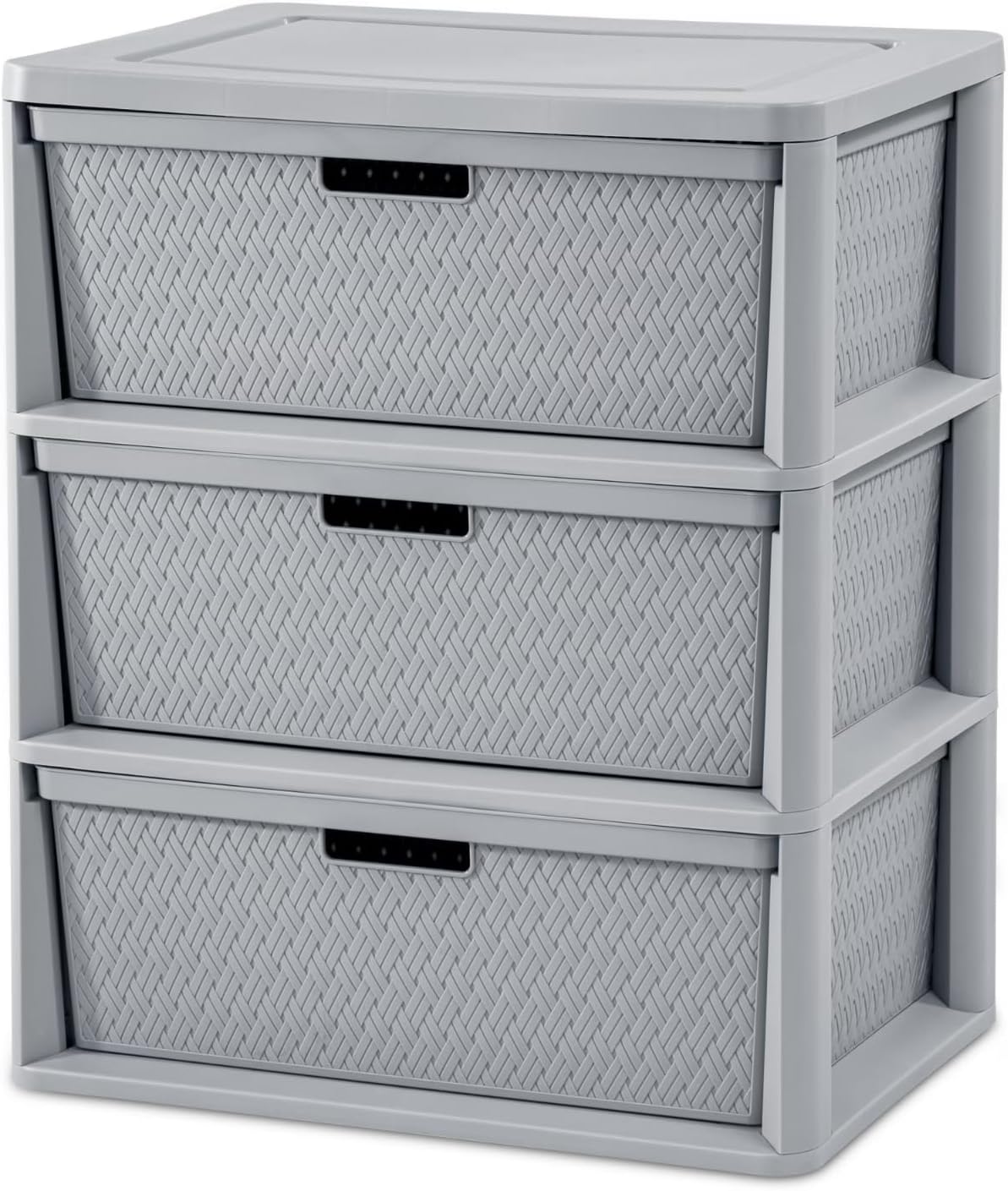 Wide 3-Drawer Plastic Storage Tower, Brown Cross-Weave Decorative Organizer Chest with Removable Bins and Easy-Pull Handles for Closet, Bedroom, Dorm, and Office, Gray